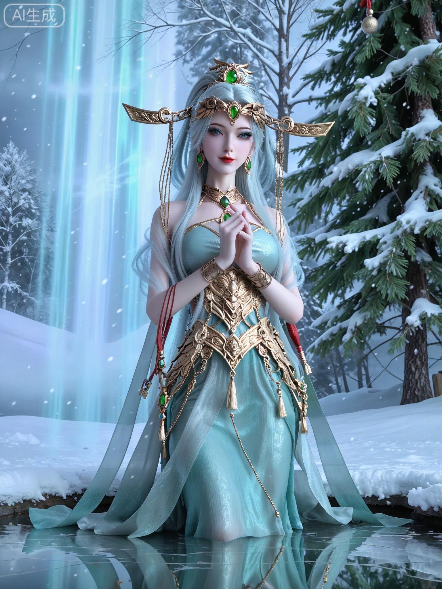 score_9,score_8_up,score_7_up,masterpiece,(best quality),(intricate details:0.9) BREAK (intricate details:0.9),(realistic skin:1.2),masterpiece,best quality,newest,absurdres,hiahres,1girl,jewelry,hair ornament,dress,necklace,lips,eyeshadow,bracelet,tassel,(8k ultra-clear, pony style),photo pose 0.6, micro-expression: soft smile 0.3, half-body + medium shot 0.7,1girl,looking_at_viewer,1boy,hair,realistic,photorealistic,Vivid Colors,bright environment,shiny skin,shiny hairjewelry,detail eyes,Eyes highlights,glowing,sunshine,bright,reflection,bright,sunshine on face,shiny,shinny,petite,thin,leg slimming,lose weight,slim hips,lakeside,delicate water,reflection,(full body:1.3)sitting_down,eyelashes,snow,Winter,Snowy landscape,Snow accumulation,Christmas tree,(huge breasts:1),