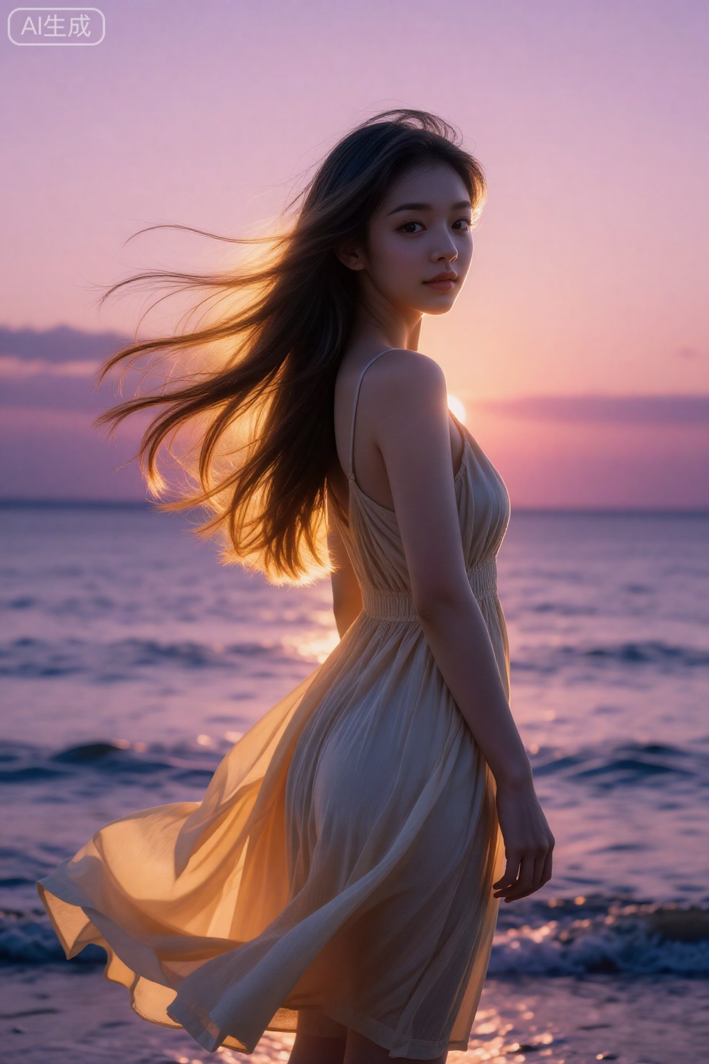 aimote,


一位长发飘飘的活力女孩,在日落时分的海边。她穿着飘逸的吊带长裙,。她回头望向镜头,夕阳的余晖为她勾勒出金色的轮廓,。背景是粉紫色渐变的天空,整个画面充满电影感和治愈感。
镜头参数：索尼A7R V, FE 135mm f/1.8 GM, f/2.8, 1/1000s, ISO 100。。 
