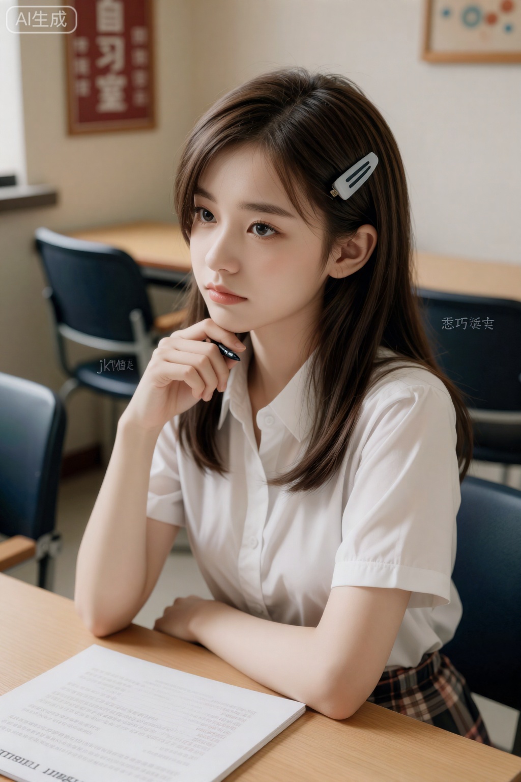 ,嗨丝,一位乖巧的学妹女友,坐在自习室的桌前,牛仔式上半身构图。她穿着干净的白色衬衫和JK格裙,耳边别着发卡。她似乎被难题困住,正无意识地用笔尾轻点下巴,眉头微蹙,眼神带着一点困惑和思考,模样十分惹人怜爱。

**镜头参数：** 50mm, f/2.0, ISO 500, 1/125s
**核心关键词：** `自习室`, `JK制服`, `轻点下巴`, `困惑思考`, `乖巧学妹`, `惹人怜爱`, `校园感`,aimote