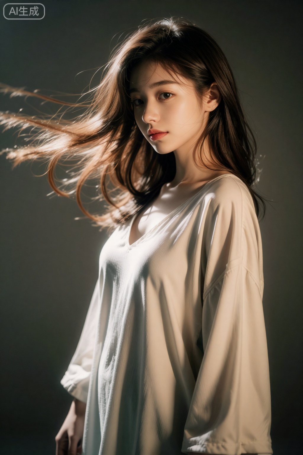 光影写真,一位女性身着白色服饰,发丝随风飘动,光影营造出富有氛围感的画面,风格温柔且具艺术感。,aimote