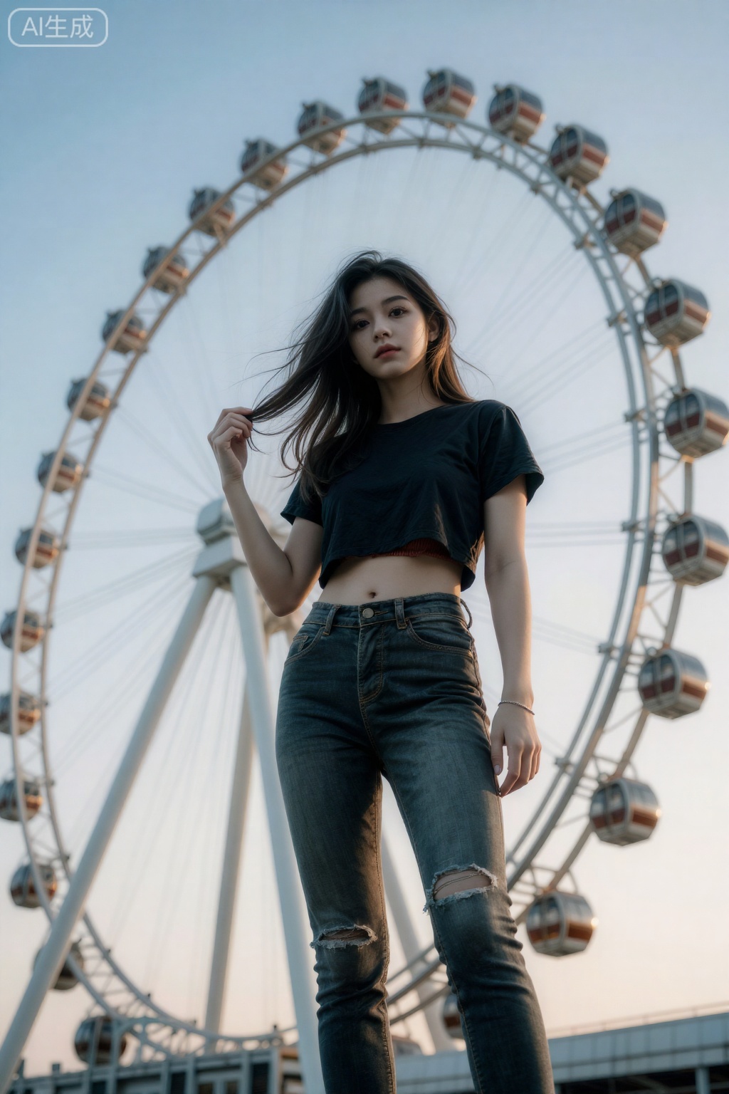 This photograph captures a young woman standing in front of a large Ferris wheel, taken from a low, upward angle. She has light skin and long, black hair that is slightly tousled. She is wearing a black, short-sleeved crop top and high-waisted,part of red bra can be seen, dark-wash skinny jeans with ripped knees, emphasizing a casual, edgy style. Her left hand is lifted, running through her hair, while her right arm hangs by her side. She wears a silver bracelet on her right wrist. The Ferris wheel behind her is illuminated with white lights, creating a contrast against the pale blue sky. The composition follows the rule of thirds, with the woman positioned off-center to the right, leading the viewer's eye up to the Ferris wheel. The lighting is natural, likely from the sun, providing even illumination without harsh shadows. The overall mood of the image is casual and adventurous, capturing a moment of youthful spontaneity.,aimote