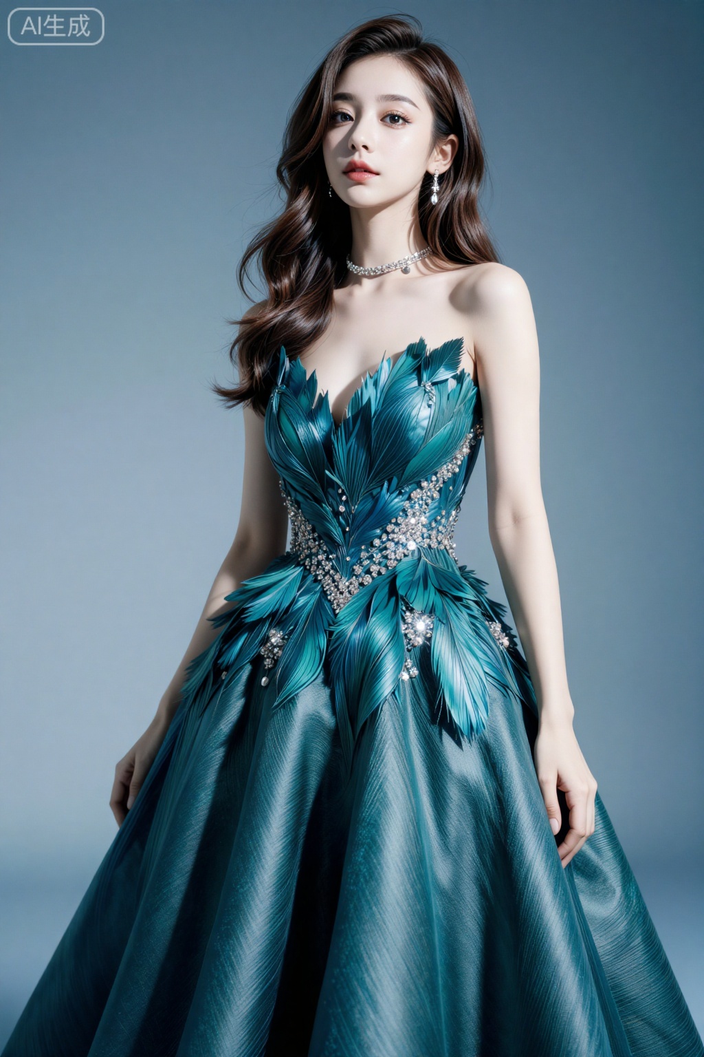 ,真实照片,reality,
Photograph of an East Asian woman with fair skin and long, wavy brown hair, wearing a strapless, teal-colored ball gown adorned with large, feather-like textures and sparkling embellishments. She has a slender build and is wearing a silver choker necklace with matching earrings. Her makeup is subtle, with a focus on her red lips. The background is a gradient of soft blue, adding a dreamy, ethereal quality to the image. The lighting is soft, highlighting the textures and colors of her dress, and she gazes slightly to the side with a serene expression. The overall style is elegant and sophisticated.,aimote