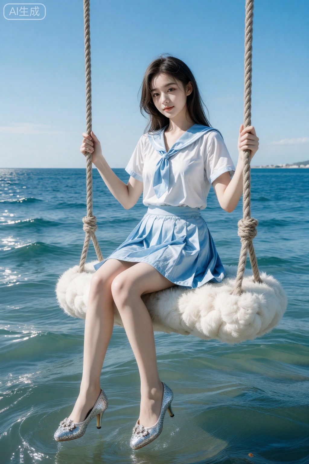 aimote,
真人摄影照片,  
1女孩, ,图像中,一位年轻女子坐在由蓬松的白云组成的秋千上,秋千悬浮在一片波浪柔和的海洋上。她穿着浅蓝色和白色水手风格的服装：蓝色领子的短袖上衣,搭配配套的领带,搭配百褶裙。,。她双腿交叉,穿着闪亮的银色钻石高跟鞋,上面有华丽的装饰细节。背景展示了清澈的蓝天和平静的青色海水,阳光从水面反射。秋千由粗大的棕色绳子固定,整体场景明亮,强调服装、云彩和自然环境的鲜艳色彩