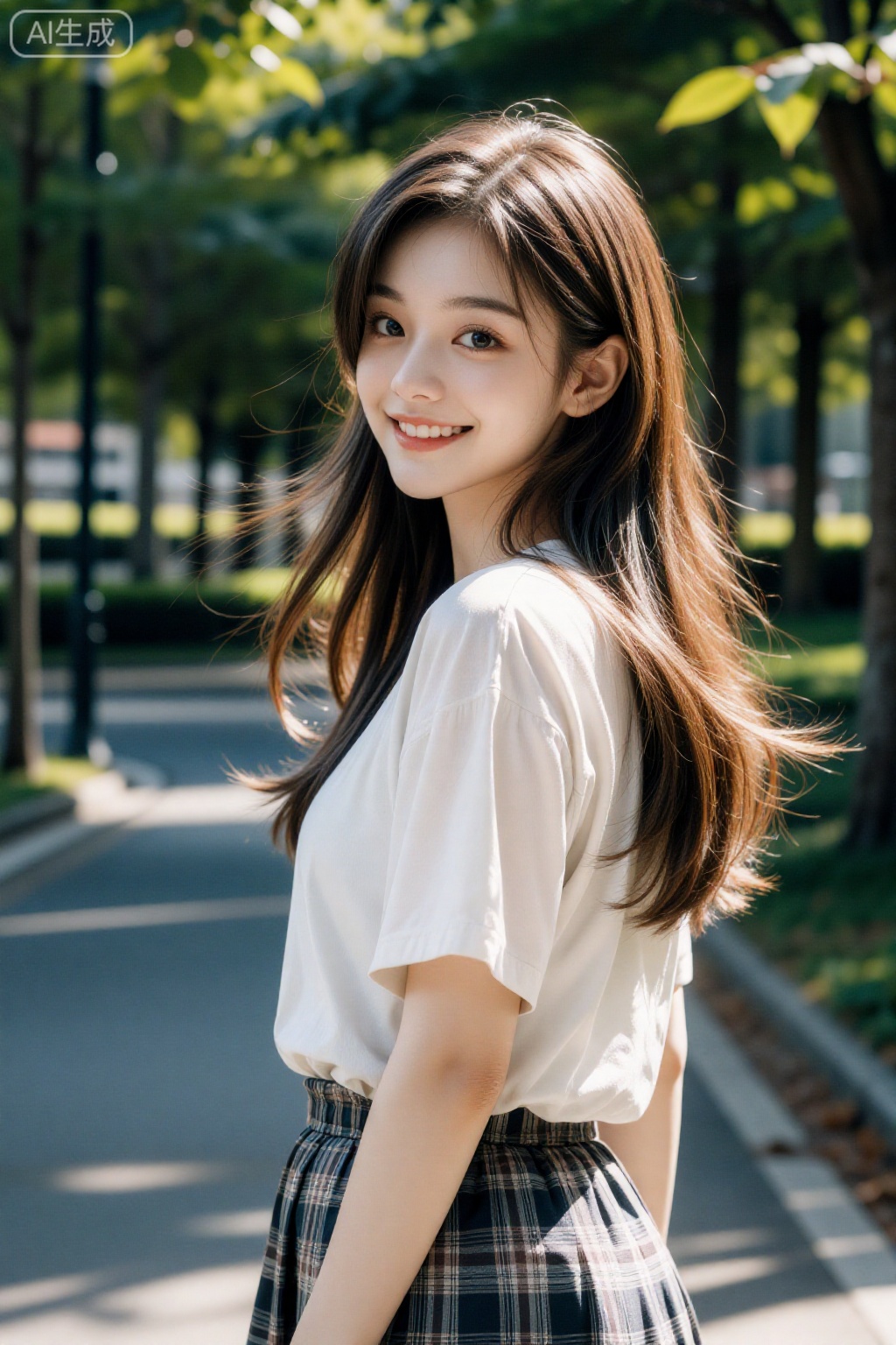aimote,
真人摄影,一位清纯的初恋学妹女友,在清晨的林荫道上回眸微笑,阳光透过树叶形成斑驳的光影,洒在她柔顺的长发和白皙的脸庞上,她穿着干净的白色衬衫和格纹短裙,眼神清澈充满活力,背景是模糊的绿色植物,突出人物主体,精致的壁纸风格,absurdres,细节锐利,皮肤纹理细腻,发丝分明,
镜头参数： Canon EOS R5,RF 85mm f/1.2L,光圈f/1.8,快门1/500s,ISO 100,