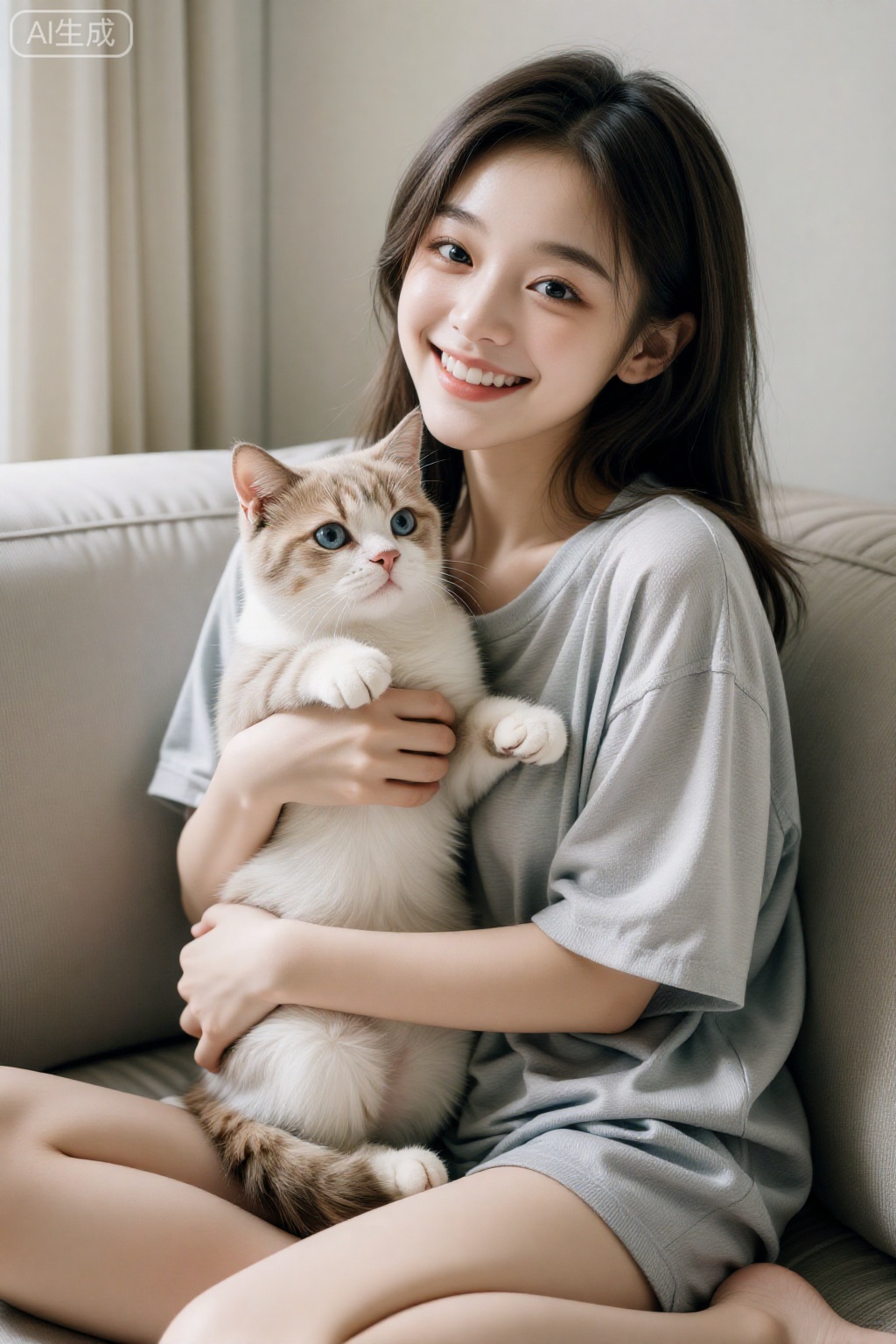 aimote,
真人美女真实摄影,初恋女友风的学妹在家中的沙发上,抱着一只猫咪,穿着宽松的居家T恤和短裤,素颜出镜,皮肤光滑无瑕。她正被猫咪的可爱举动逗笑,露出洁白的牙齿,笑容自然不做作。柔和的室内光线下,场景温馨舒适,充满了生活气息。超高清画质,细节可见皮肤毛孔和毛衣纹理。
镜头参数： Sigma fp L, 45mm f/2.8 DG DN, 光圈f/2.8, 快门1/200s, ISO 500