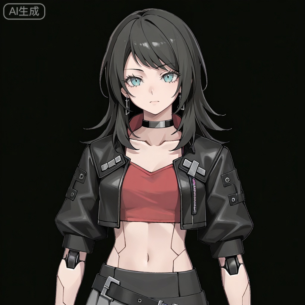 masterpiece, best quality,solo,white background,simple_background,Yahata Umiri,cybersaki_style,black hair,long hair,blue eyes,bangs,swept bangs,skirt,jewelry,jacket,earrings,choker,black jacket,red shirt,leather,leather jacket,navel,cropped jacket,android,joints,robot joints