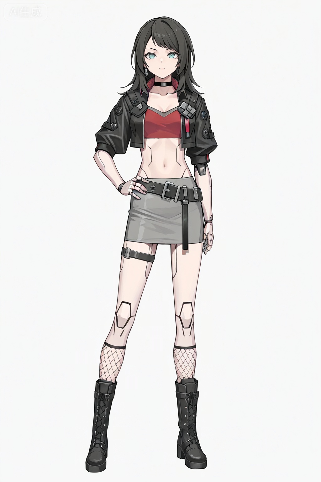 masterpiece, best quality,solo,white background,simple_background,Yahata Umiri,cybersaki_style,black hair,long hair,blue eyes,bangs,swept bangs,skirt,jewelry,jacket,earrings,choker,black jacket,red shirt,leather,leather jacket,navel,cropped jacket,android,joints,robot joints,boots,belt,black footwear,grey skirt,pencil skirt,fishnets