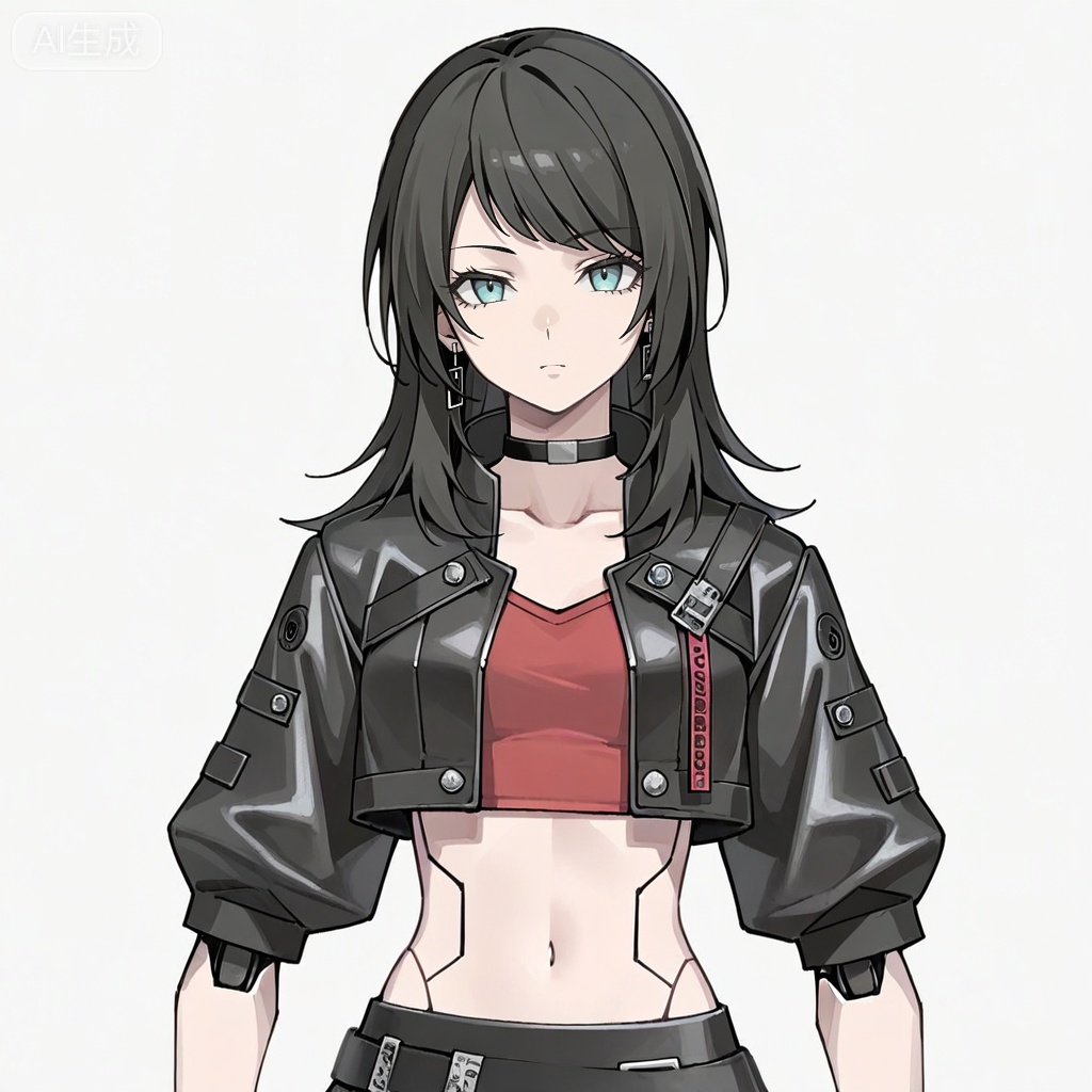 masterpiece, best quality,solo,white background,simple_background,Yahata Umiri,cybersaki_style,black hair,long hair,blue eyes,bangs,swept bangs,skirt,jewelry,jacket,earrings,choker,black jacket,red shirt,leather,leather jacket,navel,cropped jacket,android,joints,robot joints
