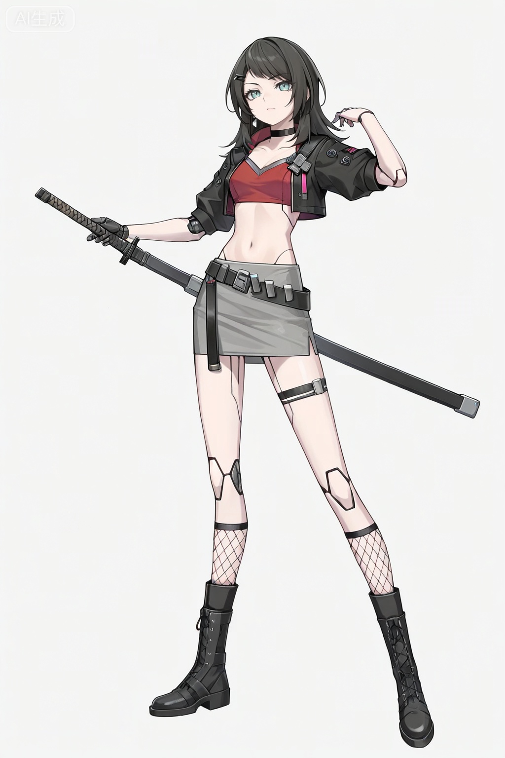 masterpiece, best quality,solo,white background,simple_background,Yahata Umiri,cybersaki_style,black hair,long hair,blue eyes,bangs,swept bangs,skirt,jewelry,jacket,earrings,choker,black jacket,red shirt,leather,leather jacket,navel,cropped jacket,android,joints,robot joints,boots,belt,black footwear,grey skirt,pencil skirt,weapon,midriff,sword,miniskirt,katana,sheath,fishnets