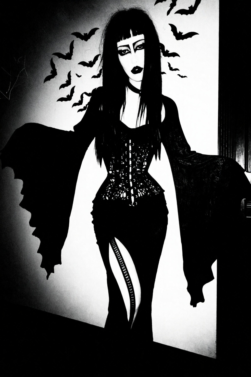 Ultra-realistic gothic fashion portrait. Medium-full body framing. Front-facing composition with slight torso twist. Stati...