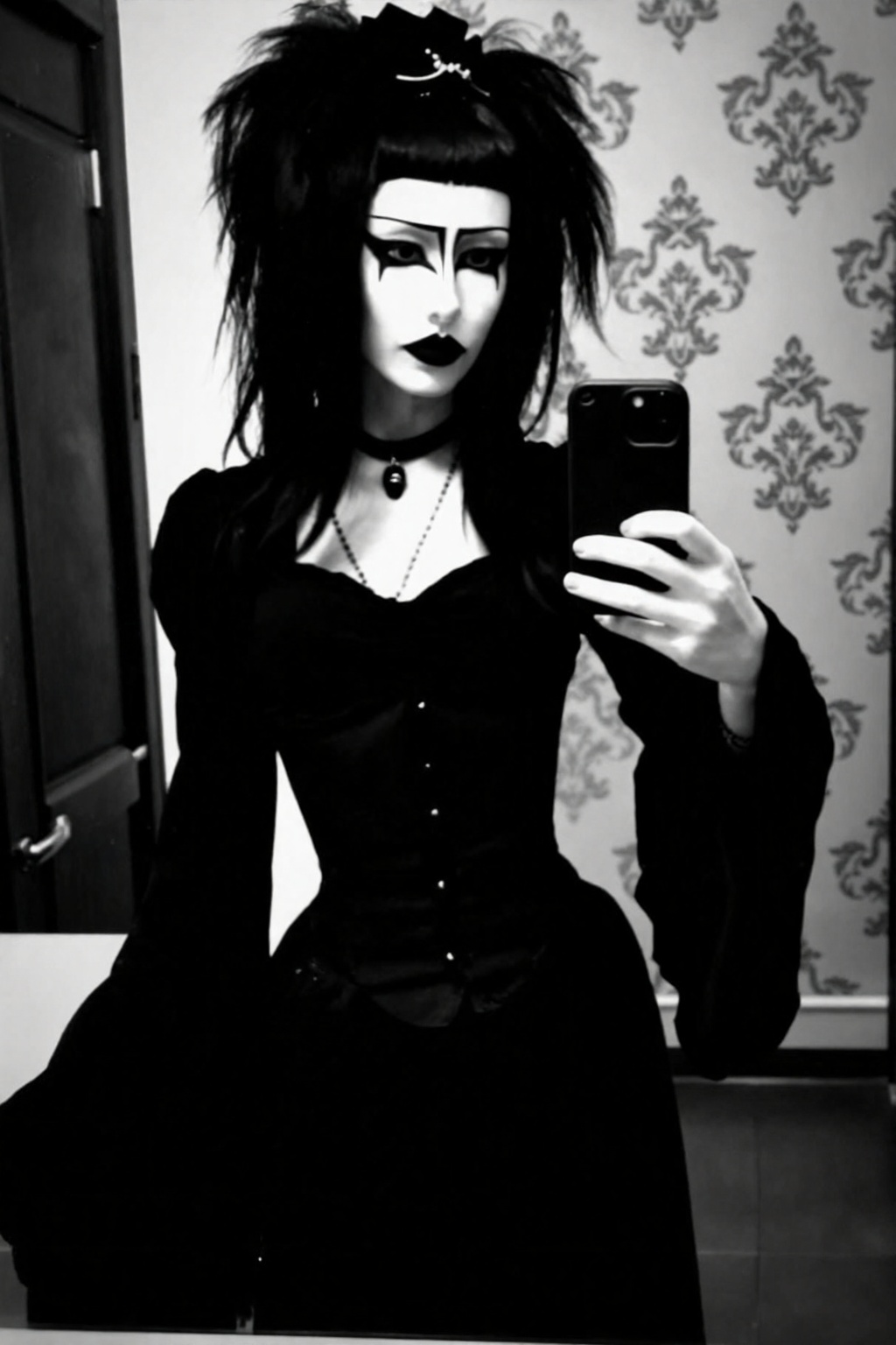 Ultra-realistic gothic portrait photography. Waist-up framing,  mirror selfie composition. Subject centered,  slight head...