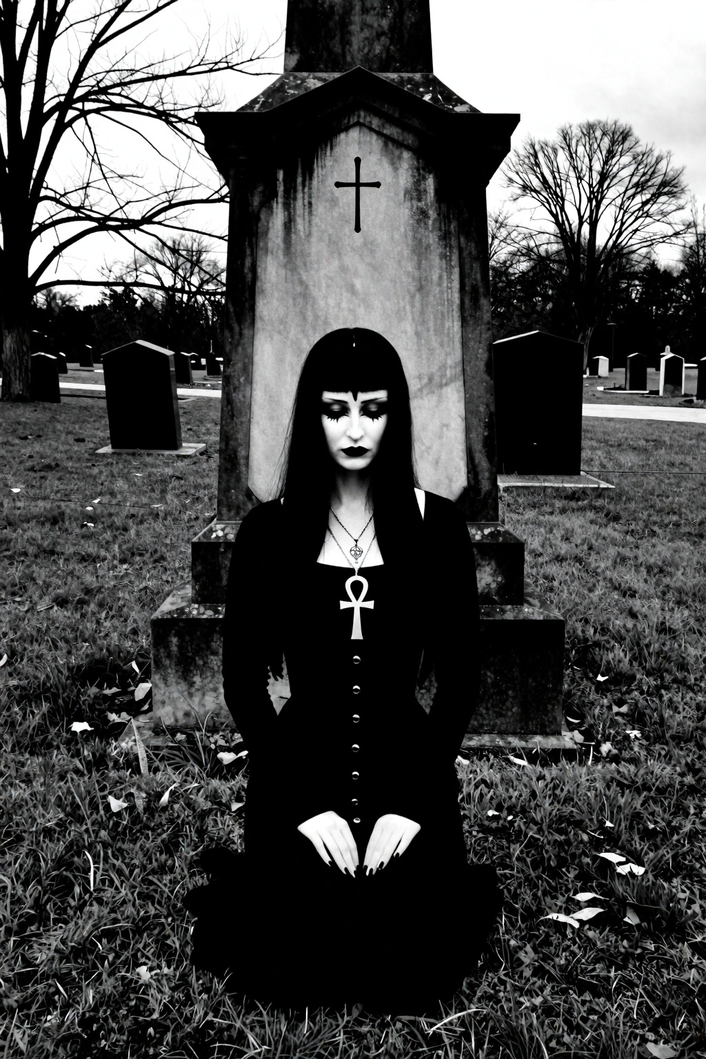 Ultra-realistic gothic funeral portrait. Full-body kneeling pose,  centered composition. Subject positioned in the lower f...