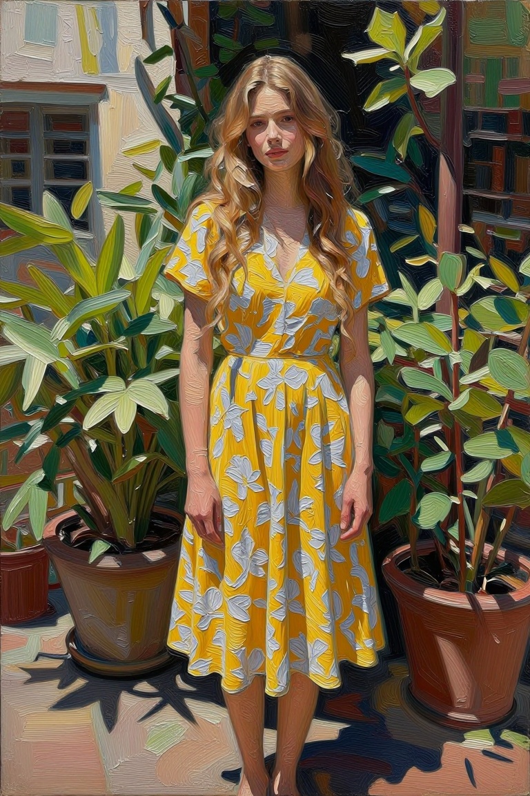 [Oil painting of] The image depicts a young woman with long,  wavy blonde hair,  wearing a yellow dress adorned with white...