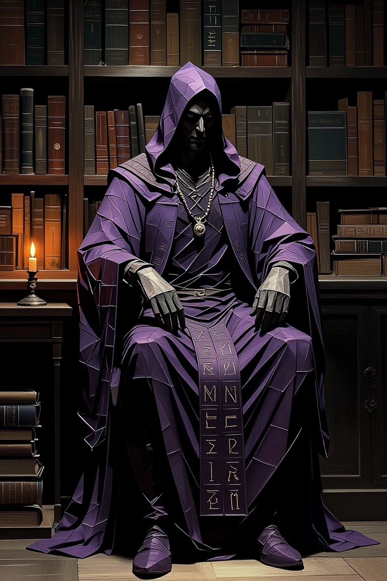 [oil painting of] A brooding 35-year-old dark sorcerer figure made from deep purple origami paper,  with hooded cloak and...