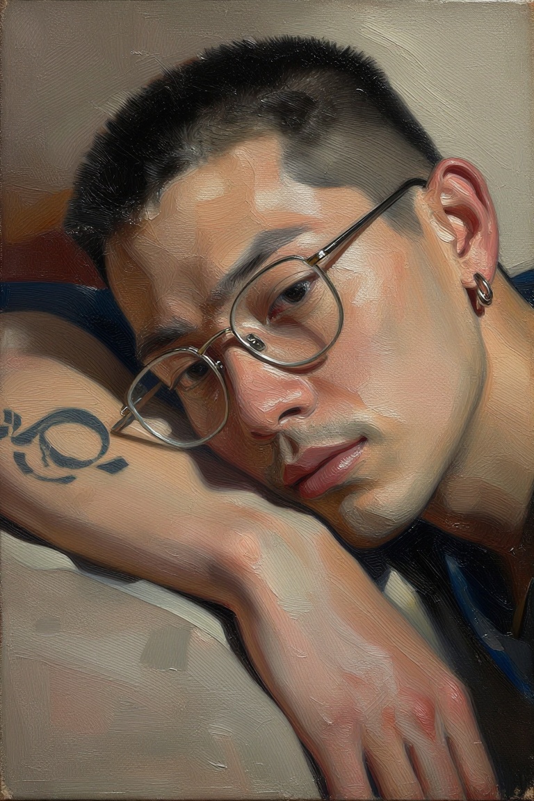 [Oil painting of] The image shows a person wearing glasses with a thin metallic frame. The individual has short,  neatly g...