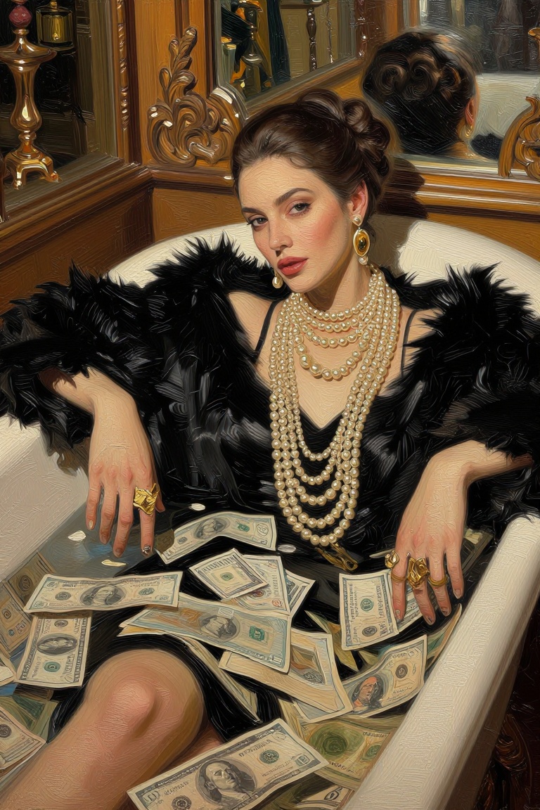 [Oil painting of] The image depicts a luxurious scene where a woman is submerged in a bathtub filled with dollar bills. Sh...