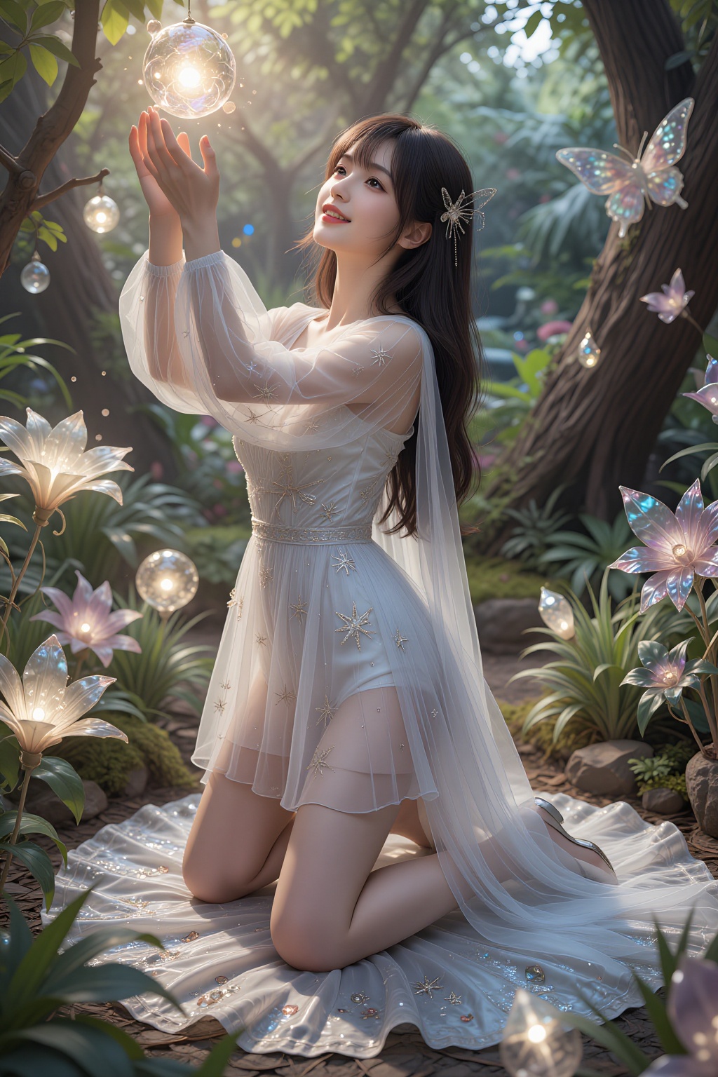A beautiful Asian woman with bangs and long legs kneeling inside a glowing crystal garden. She wears a sheer layered mini...