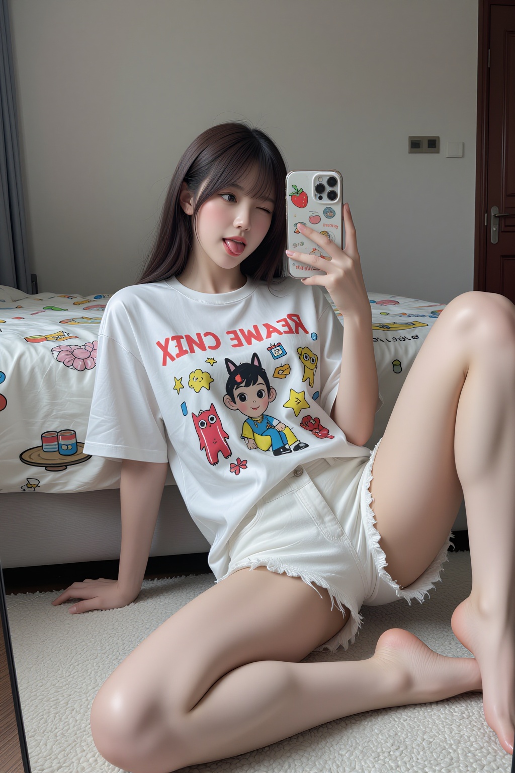 A beautiful Asian woman with bangs and long legs lying on her bed taking a mirror selfie. She wears a cute oversized T-shi...