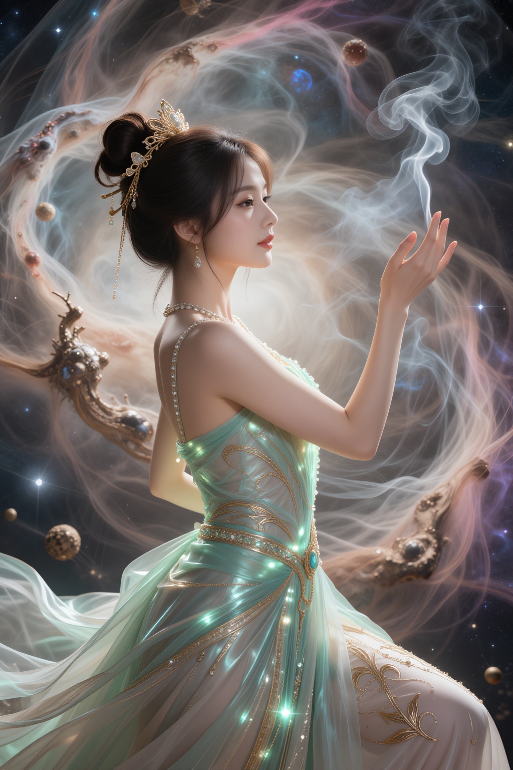 A beautiful Asian woman wears a hairdo and glamorous dress like a goddess,  giving off a self-luminous,  bioluminescent on...