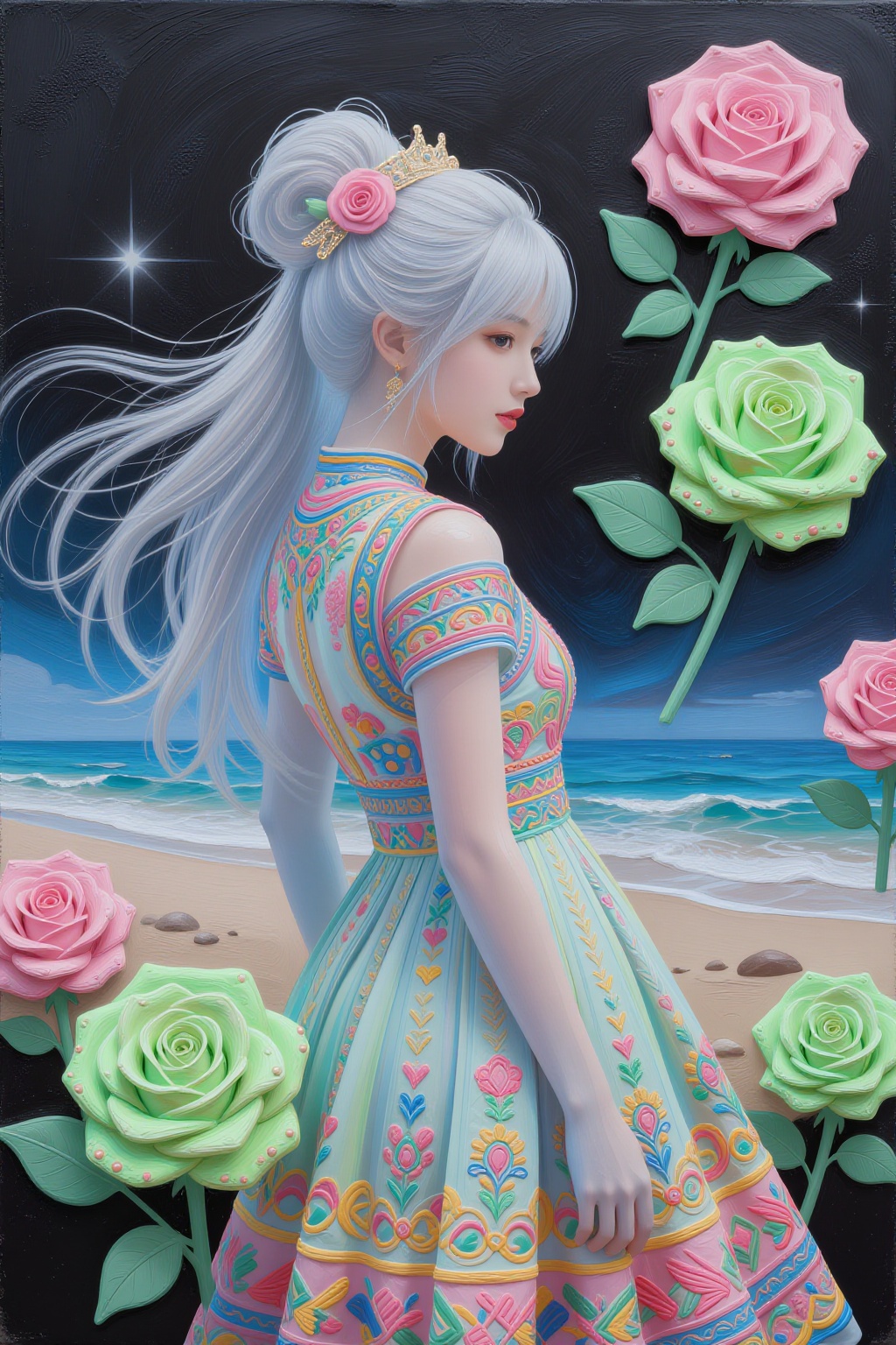 It is a 3D painting of a black wall against a cosmic background. It expresses a translucent side view of a beautiful asian...