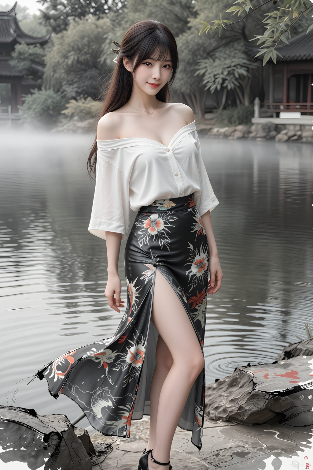 A beautiful Asian woman with bangs and long legs rendered in a modern ink-wash painting style,  standing by a misty lake....