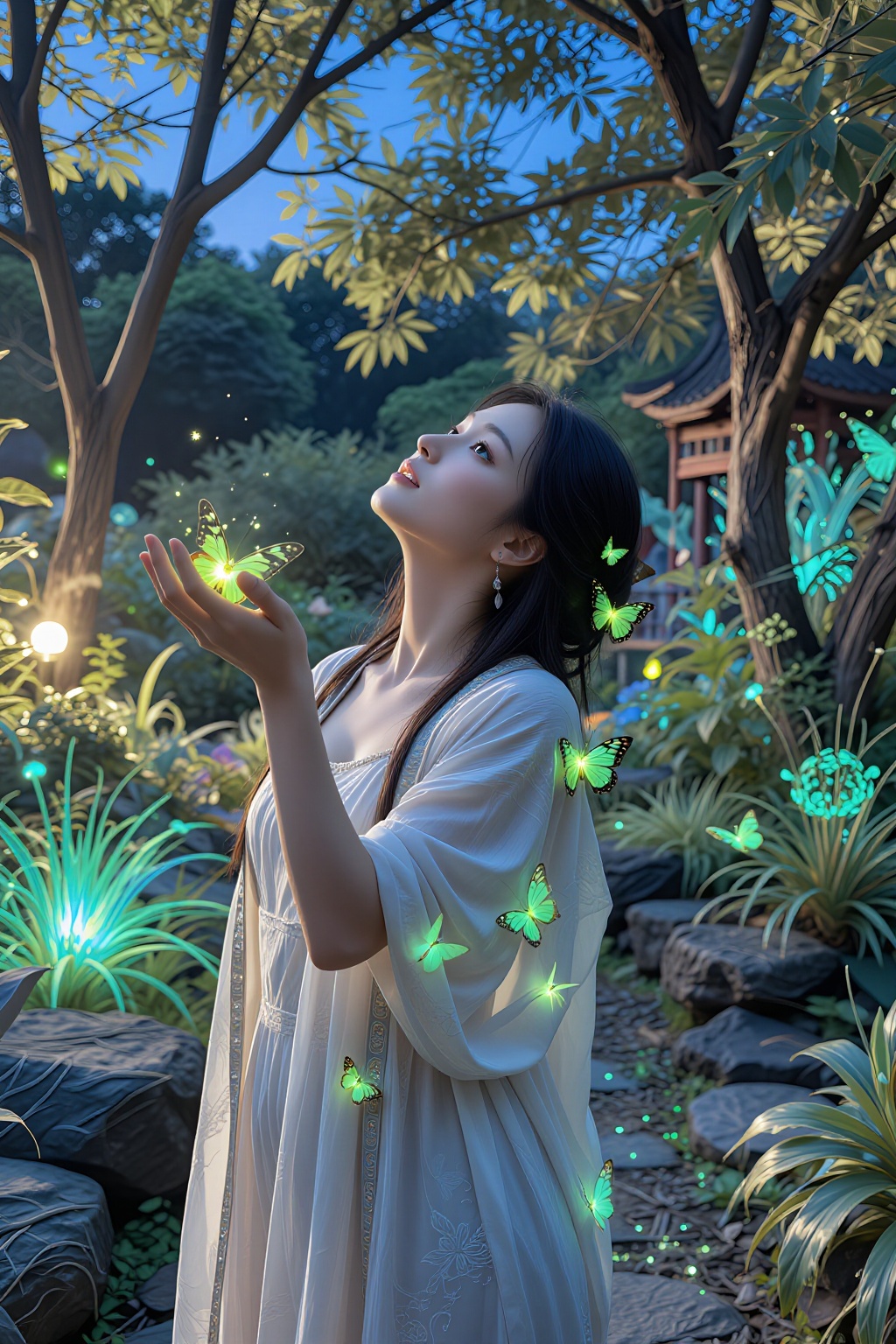 A beautiful woman is looking up at the sky with her neck tilted back against the backdrop of a night in a calm blue garden...