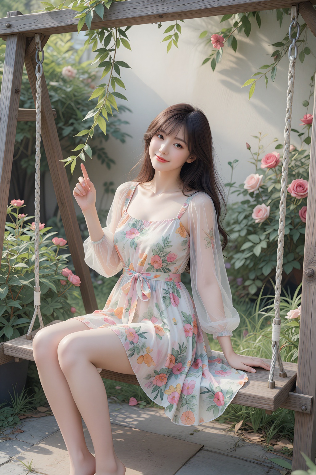 A beautiful Asian woman with bangs and long legs painted in soft watercolor style,  sitting on a garden swing. She wears a...