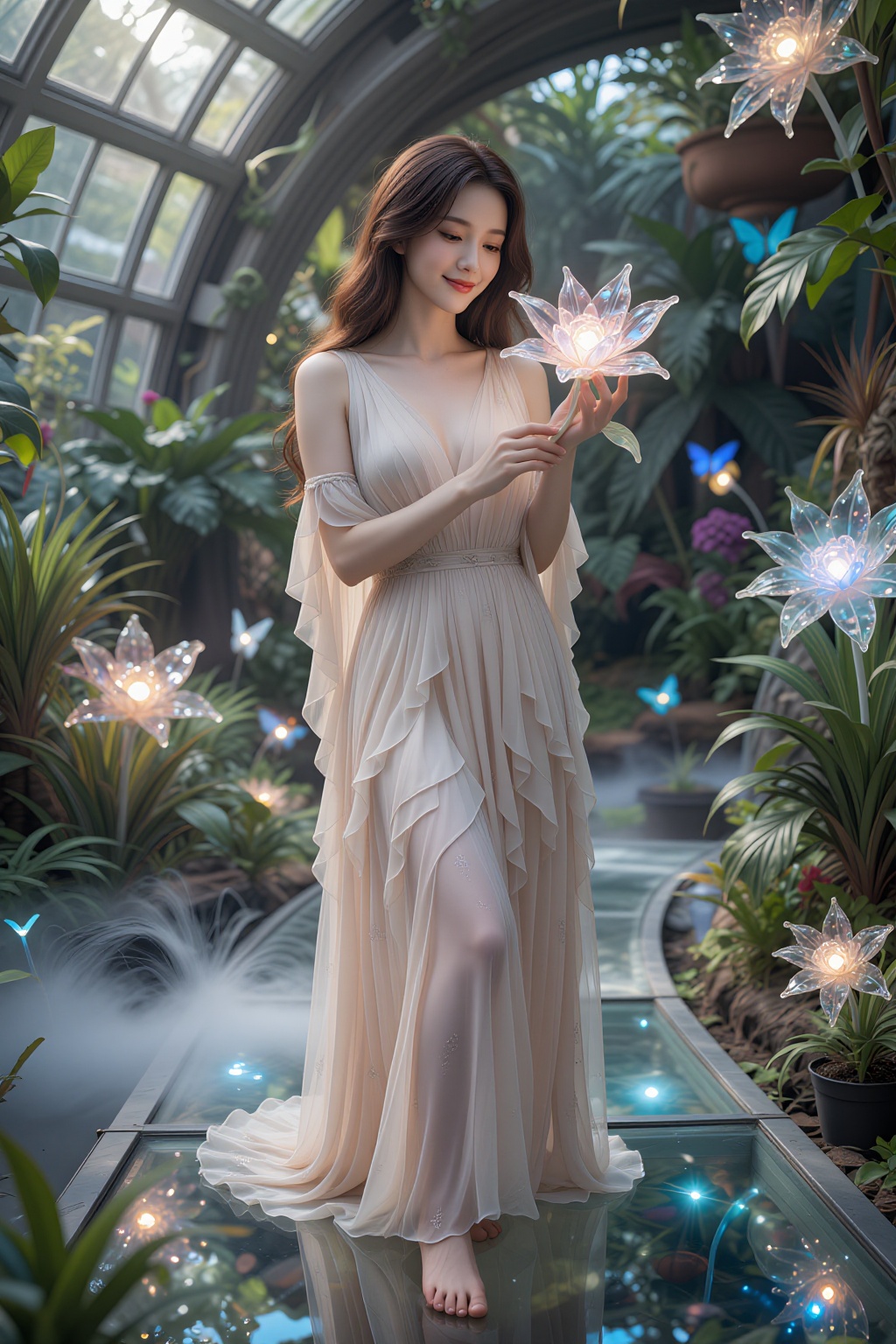 A beautiful Asian woman floating gently above a moonlit glass bridge inside a futuristic botanical garden. She is wearing...