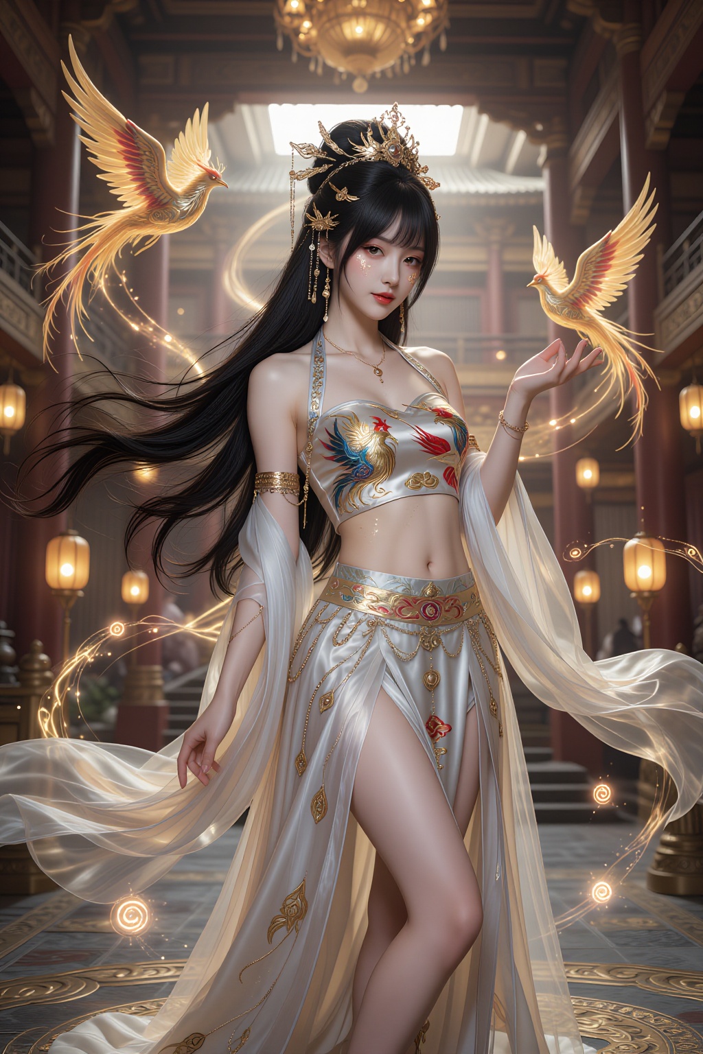 A tall Asian woman with long flowing black hair and elegant soft bangs stands inside a grand ancient Chinese palace hall....