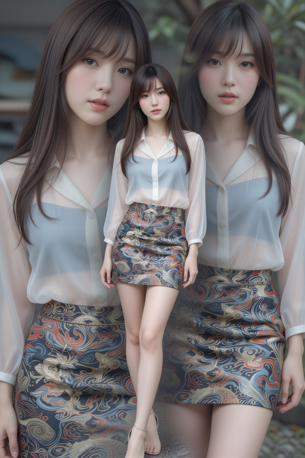 A beautiful Asian woman with bangs and long legs captured in a double-exposure style portrait. She wears a sheer blouse an...
