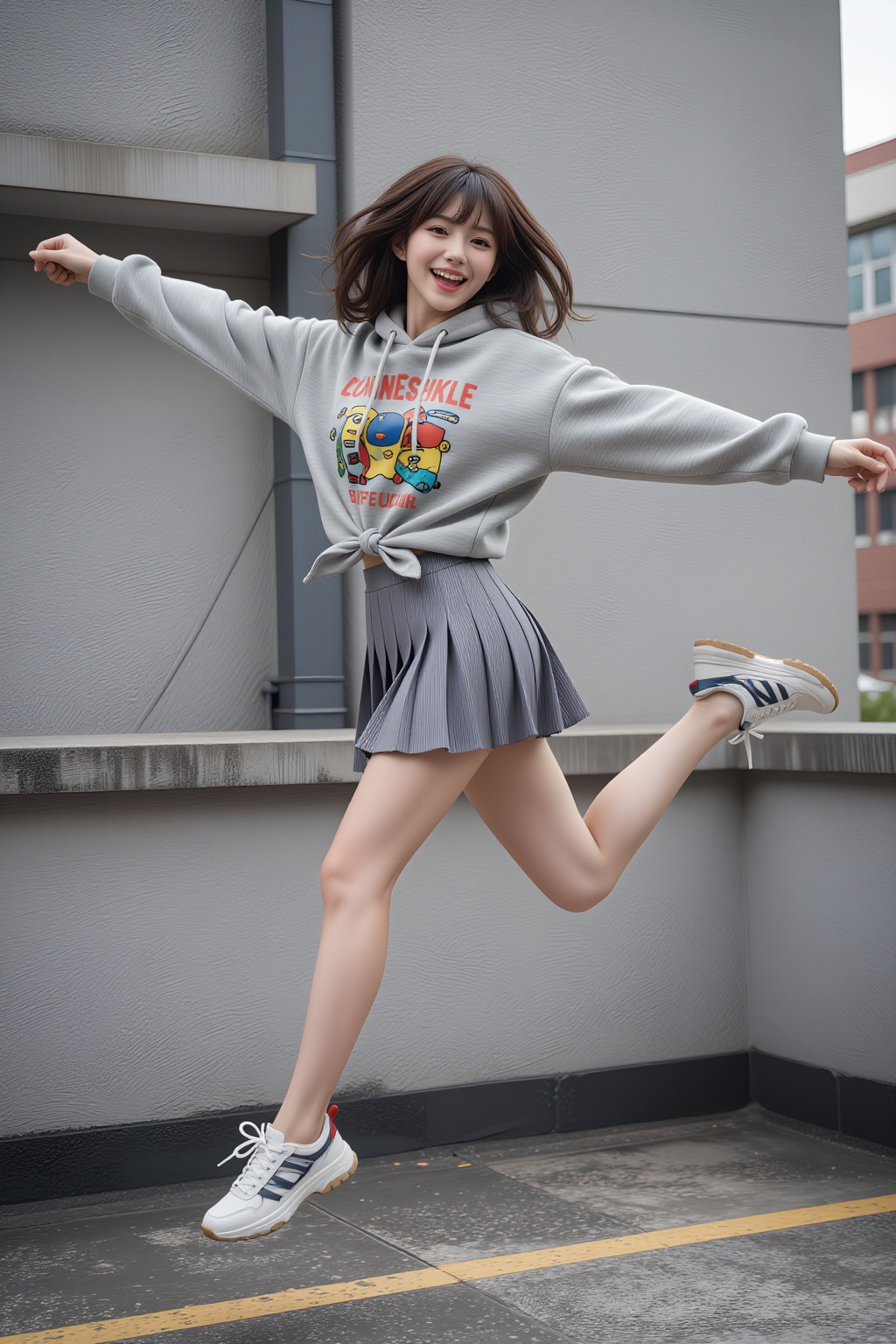 A beautiful Asian woman with bangs and long legs mid-jump on an urban rooftop. She wears an oversized graphic hoodie tied...