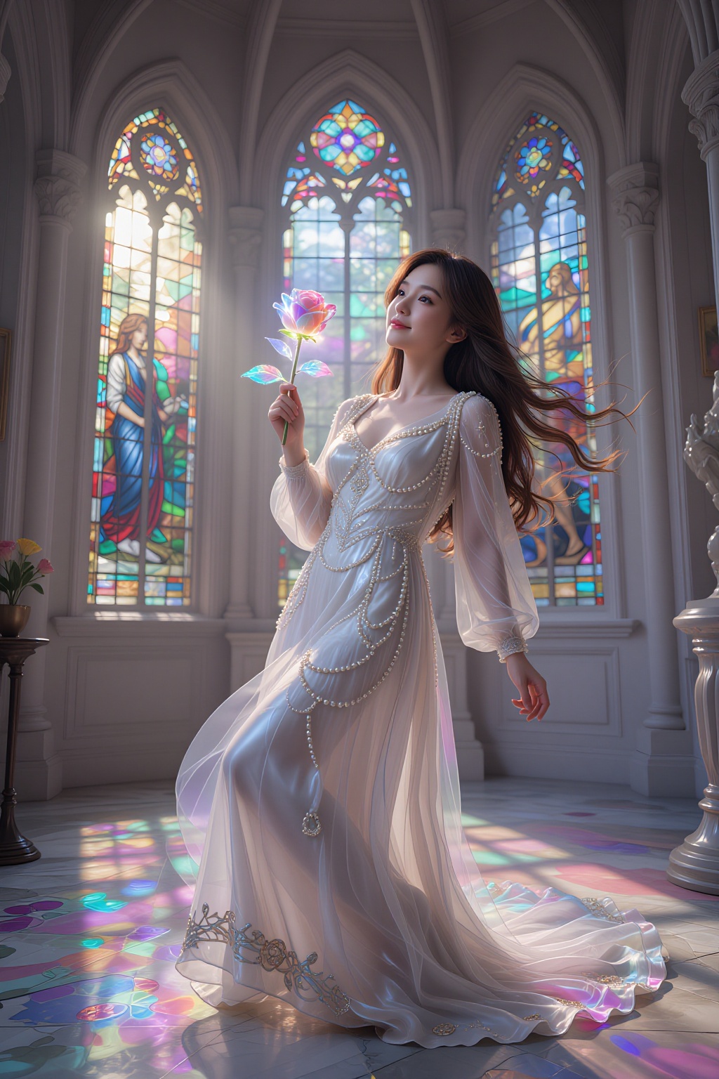 A beautiful Asian woman floating gently inside a massive crystal cathedral illuminated by pastel neon light. She is wearin...