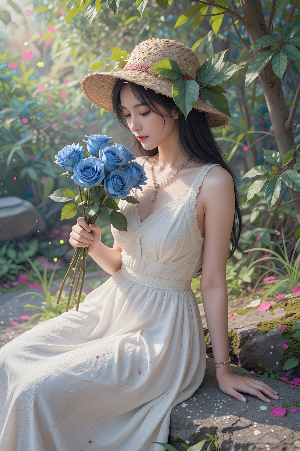 A dreamy watercolor style painting in which a beautiful Asian woman,  wearing a hat woven with wide leaves and a white wed...
