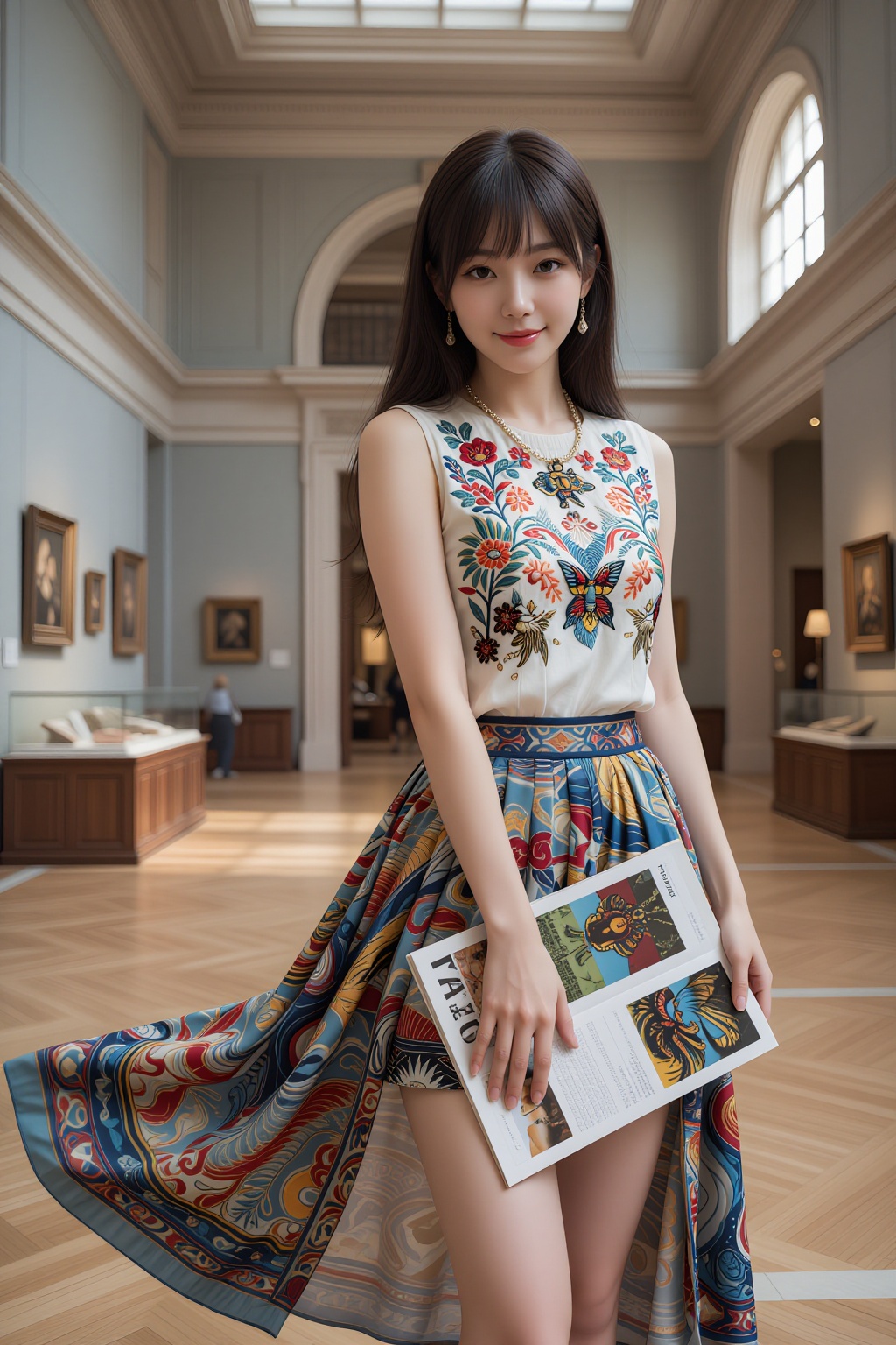 A beautiful Asian woman with bangs and long legs standing inside a grand museum hall. She wears a sleeveless embroidered t...