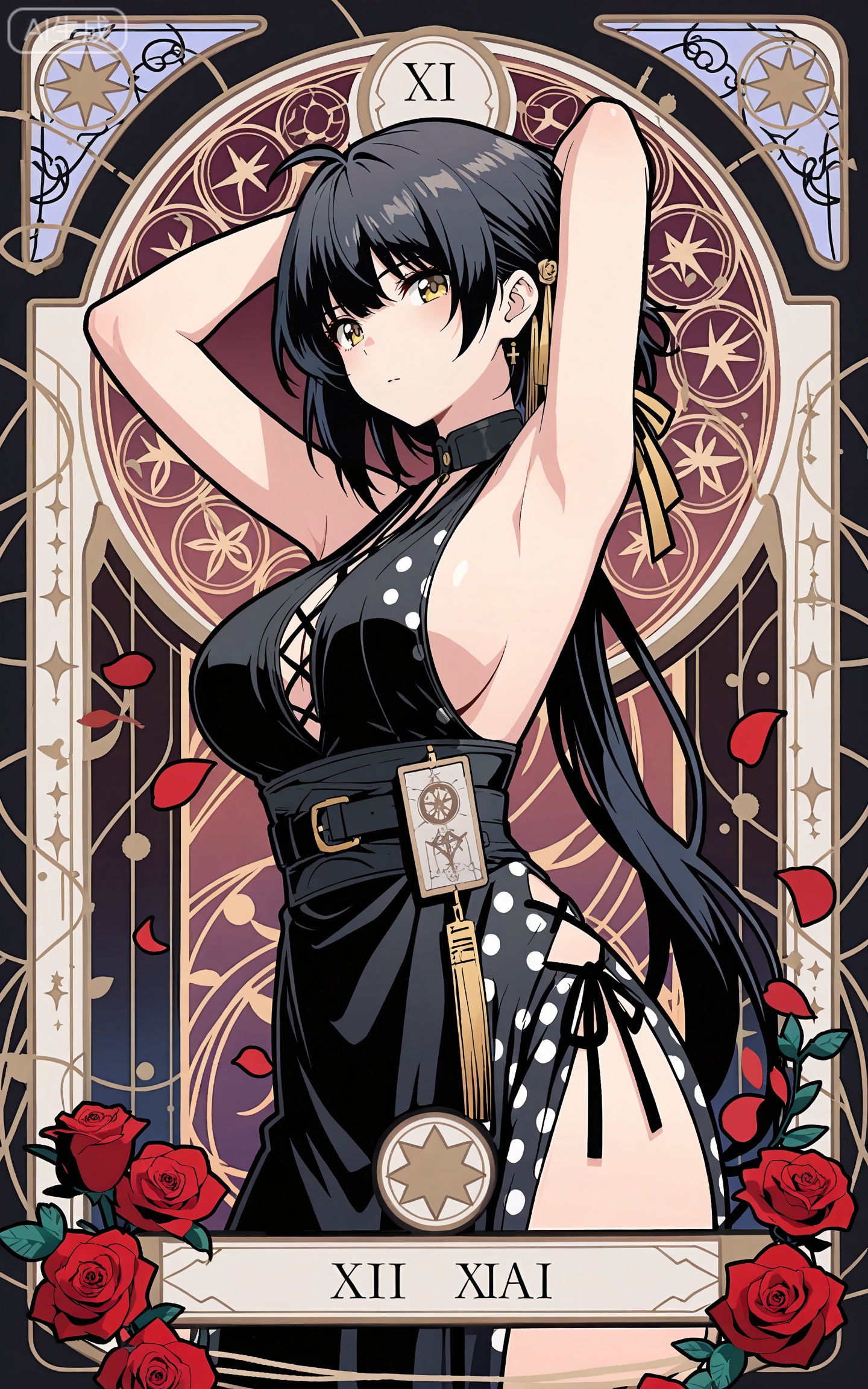 depth of field,masterpiece,best quality,very aesthetic,alternate costume,alternate costume,2024,2023,perfect composition,ultra-detailed,extreme aesthetic,masterpiece,best quality,good quality,newest,year 2024,year 2023,very aesthetic,absurdres,looking_at_viewer,colorful,
ahoge, black hair, long hair, low ponytail, very long hair, yellow eyes, art nouveau,traditional media,flower,xiamu,(tarot (medium):1.2),
1girl, breasts, solo, polka dot, flower, dress, rose, polka dot dress, large breasts, red flower, armpits, petals, red rose, arms up, sideboob, sleeveless, frills, rose petals,
