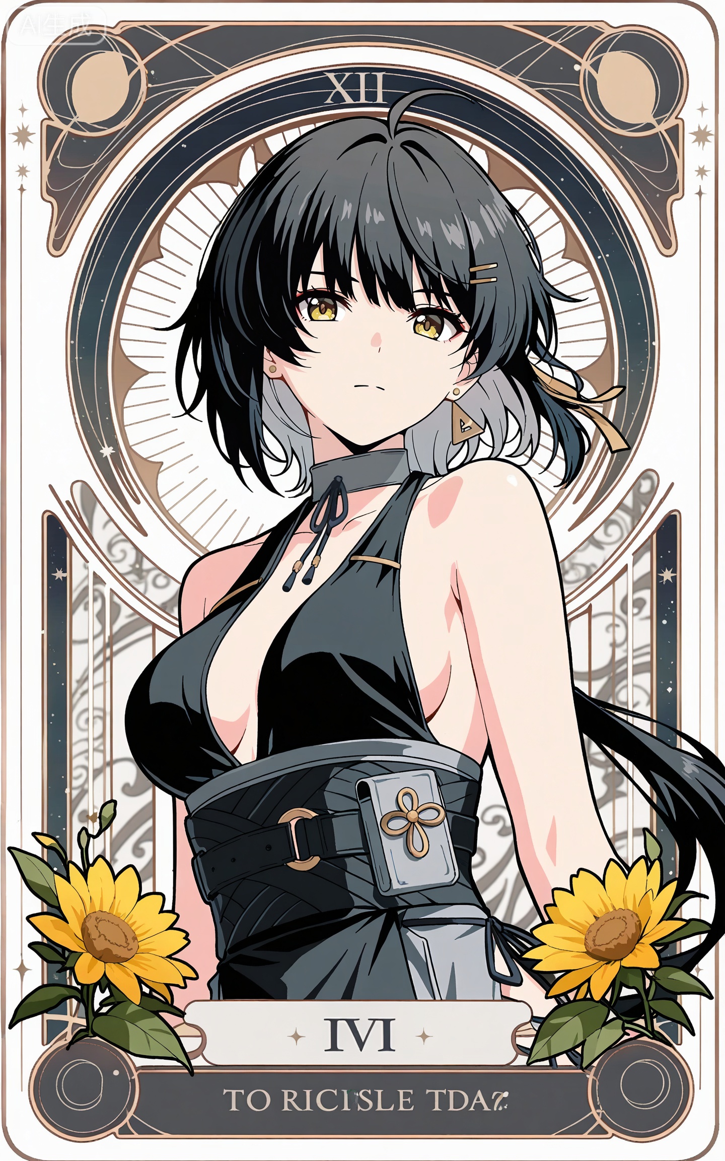 depth of field,masterpiece,best quality,very aesthetic,alternate costume,alternate costume,2024,2023,perfect composition,ultra-detailed,extreme aesthetic,masterpiece,best quality,good quality,newest,year 2024,year 2023,very aesthetic,absurdres,looking_at_viewer,colorful,
ahoge,black hair,long hair,low ponytail,very long hair,yellow eyes,apiao short black and grey dress,apiao hair clip,apiao sleeveless short dress,apiao backless dress,1girl,solo,hair ornament,breasts,looking at viewer,jewelry,earrings,bare shoulders,upper body,medium breasts,closed mouth,triangle earrings,white_background,cover,shadow,sunshine,english text,front view,dutch angle,dynamic_angle,
art nouveau,traditional media,flower,xiamu,(tarot (medium):1.2),