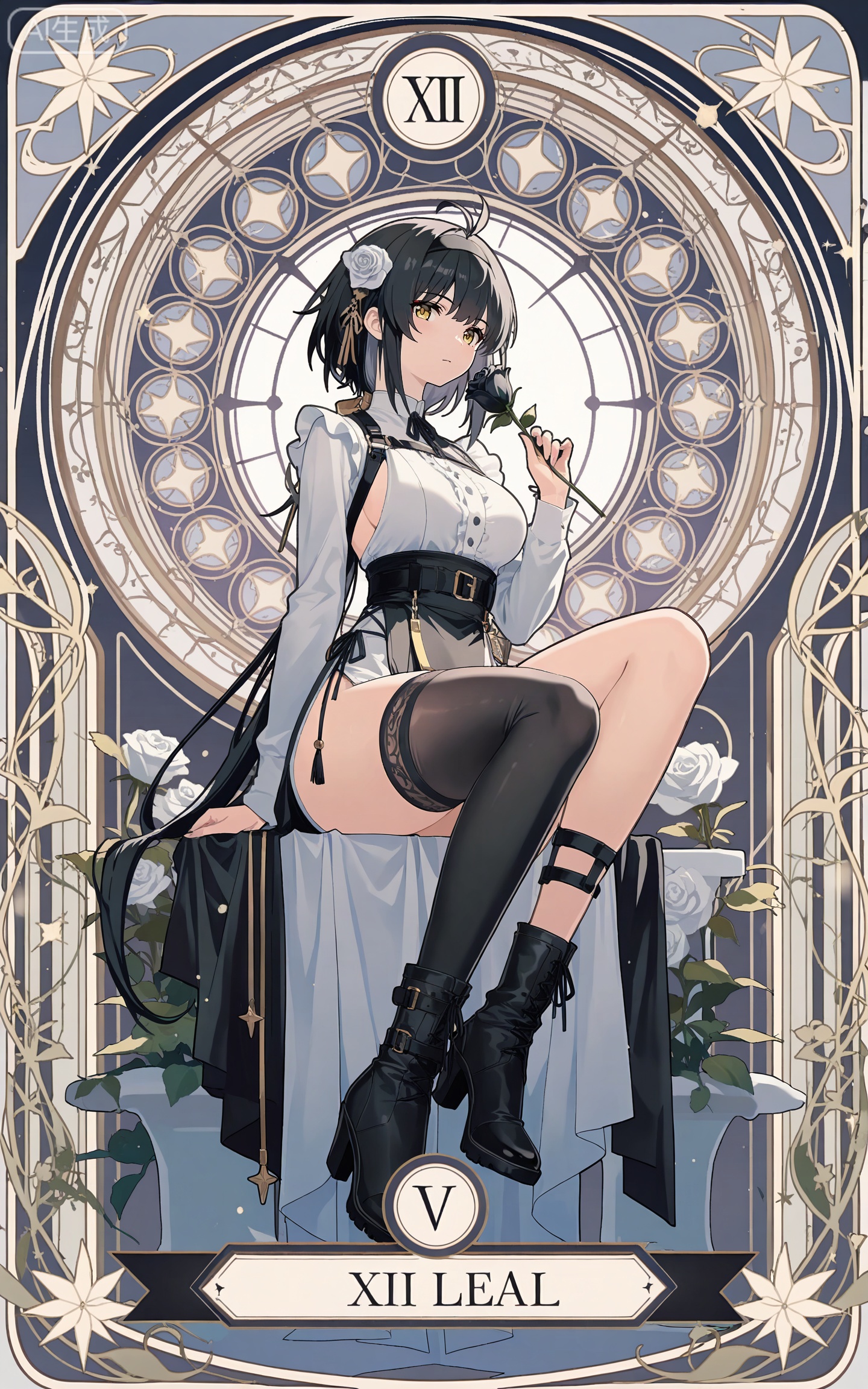 depth of field,masterpiece,best quality,very aesthetic,alternate costume,alternate costume,2024,2023,perfect composition,ultra-detailed,extreme aesthetic,masterpiece,best quality,good quality,newest,year 2024,year 2023,very aesthetic,absurdres,looking_at_viewer,colorful,
ahoge, black hair, long hair, low ponytail, very long hair, yellow eyes, art nouveau,traditional media,flower,xiamu,(tarot (medium):1.2),
1girl,flower,solo,breasts,thighhighs,hair flower,high heels,boots,sitting,rose,white flower,window,hair ornament,holding flower,black footwear,black thighhighs,high heel boots,single thighhigh,shirt,holding,white rose,looking at viewer,hairband,white shirt,frills,full body,black flower,
