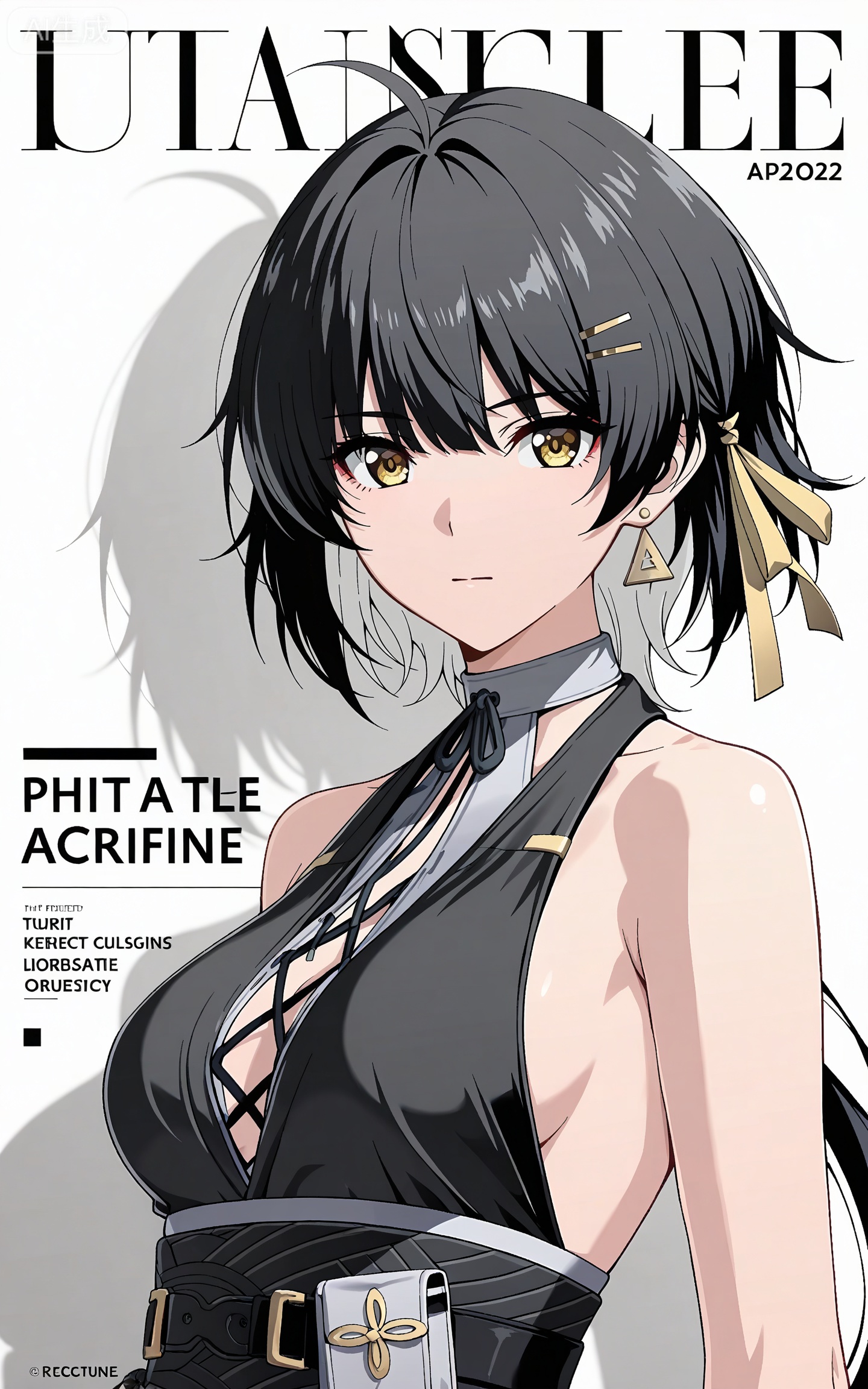 depth of field,masterpiece,best quality,very aesthetic,alternate costume,alternate costume,2024,2023,perfect composition,ultra-detailed,extreme aesthetic,masterpiece,best quality,good quality,newest,year 2024,year 2023,very aesthetic,absurdres,looking_at_viewer,colorful,
ahoge,black hair,long hair,low ponytail,very long hair,yellow eyes,apiao short black and grey dress,apiao hair clip,apiao sleeveless short dress,apiao backless dress,1girl,solo,hair ornament,breasts,looking at viewer,jewelry,earrings,bare shoulders,upper body,medium breasts,closed mouth,triangle earrings,white_background,cover,shadow,sunshine,english text,front view,dutch angle,dynamic_angle,