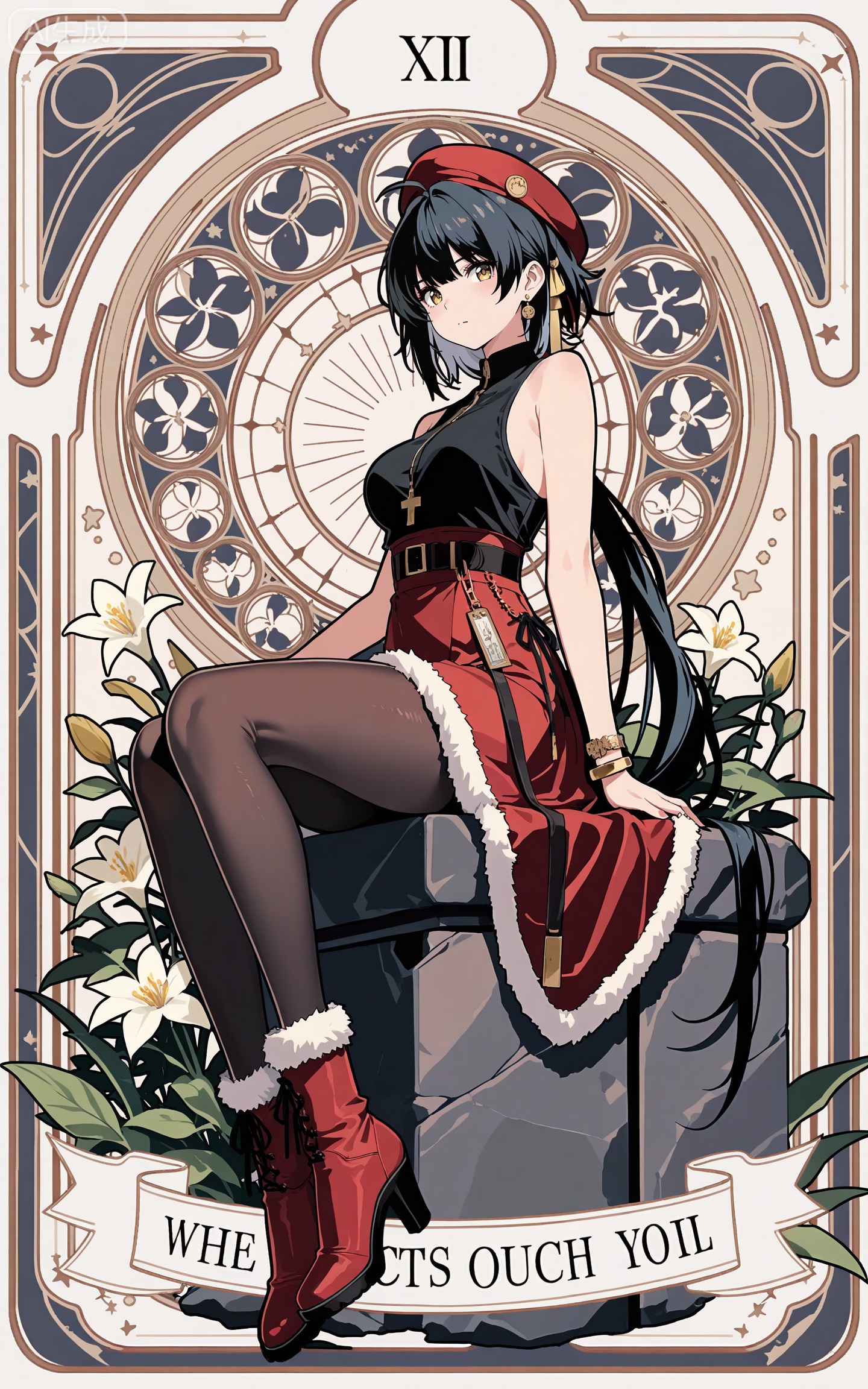 depth of field,masterpiece,best quality,very aesthetic,alternate costume,alternate costume,2024,2023,perfect composition,ultra-detailed,extreme aesthetic,masterpiece,best quality,good quality,newest,year 2024,year 2023,very aesthetic,absurdres,looking_at_viewer,colorful,
ahoge, black hair, long hair, low ponytail, very long hair, yellow eyes, art nouveau,traditional media,flower,xiamu,(tarot (medium):1.2),
1girl,boots,fur trim,jewelry,hat,long hair,breasts,red footwear,skirt,fur-trimmed boots,earrings,sitting,red skirt,bracelet,high heels,full body,looking at viewer,belt,closed mouth,sleeveless,high heel boots,copyright name,bangle,english text,black pantyhose,cover,medium breasts,black shirt,shirt,fur-trimmed skirt,46,
