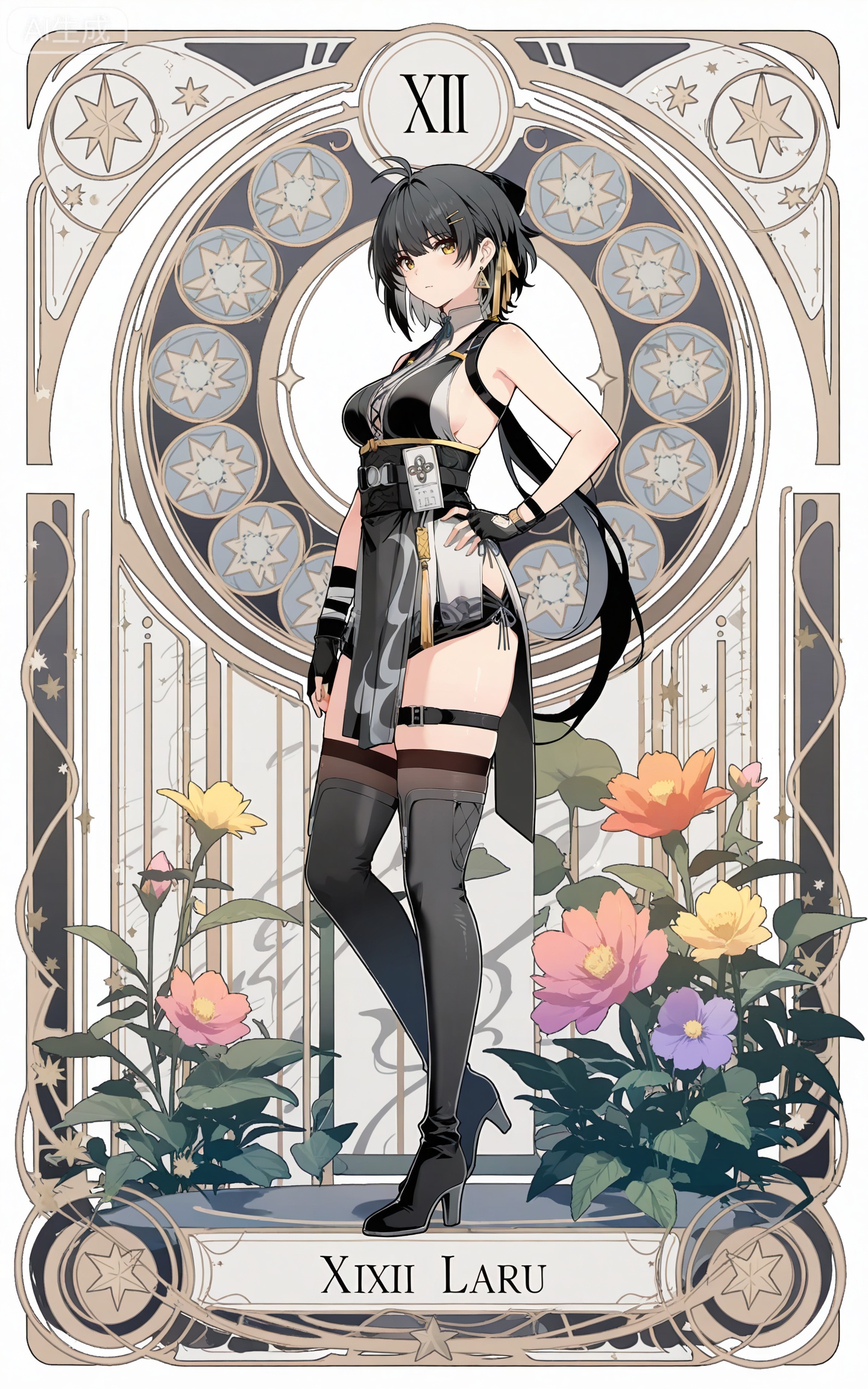 depth of field,masterpiece,best quality,very aesthetic,alternate costume,alternate costume,2024,2023,perfect composition,ultra-detailed,extreme aesthetic,masterpiece,best quality,good quality,newest,year 2024,year 2023,very aesthetic,absurdres,looking_at_viewer,colorful,
ahoge, black hair, long hair, low ponytail, very long hair, yellow eyes, apiao short black and grey dress, apiao black fingerless gloves, apiao black thighhighs, apiao blackt high heel boots, apiao hair clip, apiao sleeveless short dress, 1girl, solo, full body, looking at viewer, breasts, simple background, white background, medium breasts, standing, apiao thigh strap, triangle earrings,hand on hip,
art nouveau,traditional media,flower,xiamu,(tarot (medium):1.2),