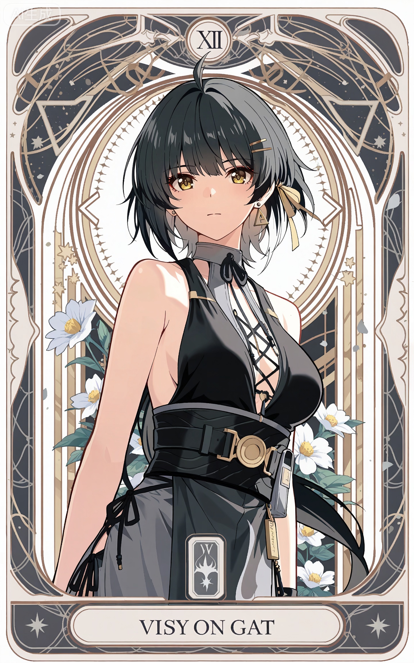 depth of field,masterpiece,best quality,very aesthetic,alternate costume,alternate costume,2024,2023,perfect composition,ultra-detailed,extreme aesthetic,masterpiece,best quality,good quality,newest,year 2024,year 2023,very aesthetic,absurdres,looking_at_viewer,colorful,
ahoge,black hair,long hair,low ponytail,very long hair,yellow eyes,apiao short black and grey dress,apiao hair clip,apiao sleeveless short dress,apiao backless dress,1girl,solo,hair ornament,breasts,looking at viewer,jewelry,earrings,bare shoulders,upper body,medium breasts,closed mouth,triangle earrings,white_background,cover,shadow,sunshine,english text,front view,dutch angle,dynamic_angle,
art nouveau,traditional media,flower,xiamu,(tarot (medium):1.2),
