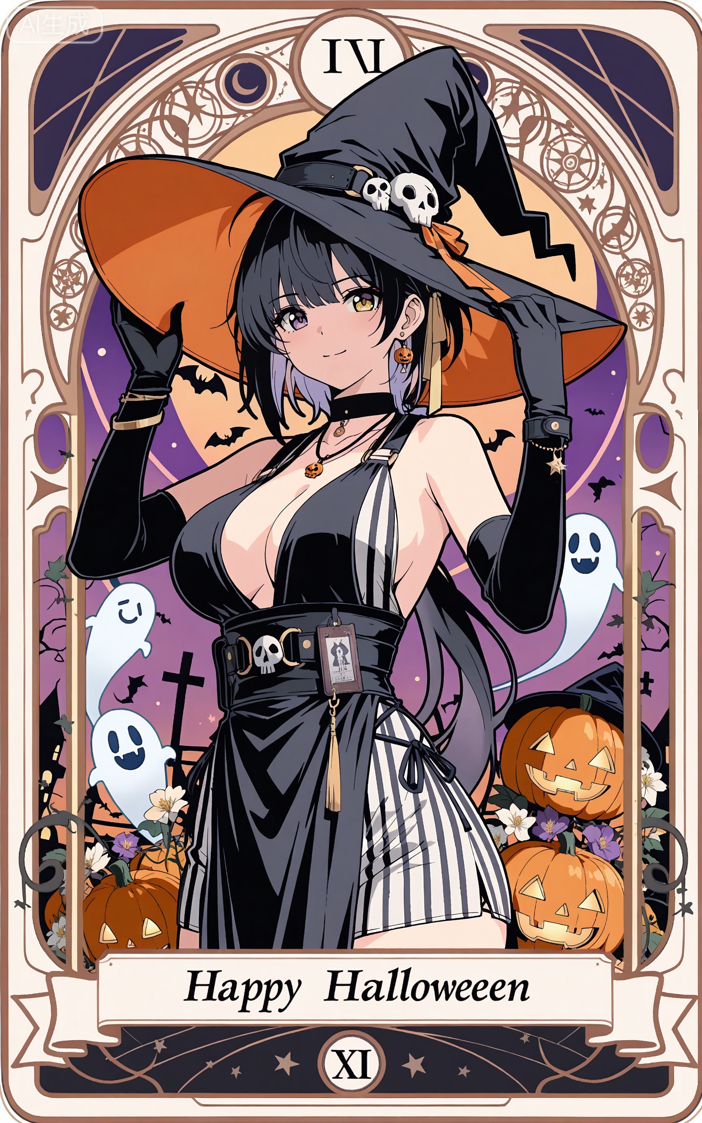 depth of field,masterpiece,best quality,very aesthetic,alternate costume,alternate costume,2024,2023,perfect composition,ultra-detailed,extreme aesthetic,masterpiece,best quality,good quality,newest,year 2024,year 2023,very aesthetic,absurdres,looking_at_viewer,colorful,
ahoge, black hair, long hair, low ponytail, very long hair, yellow eyes, art nouveau,traditional media,flower,xiamu,(tarot (medium):1.2),
1girl,witch hat,gloves,jewelry,hat,breasts,solo,jack-o'-lantern,dress,halloween,earrings,ghost,black gloves,necklace,looking at viewer,black dress,pumpkin,smile,black headwear,sleeveless,elbow gloves,happy halloween,sleeveless dress,striped dress,bracelet,purple eyes,border,skull,upper body,halloween costume,witch,striped clothes,hand on headwear,large breasts,closed mouth,bare shoulders,
