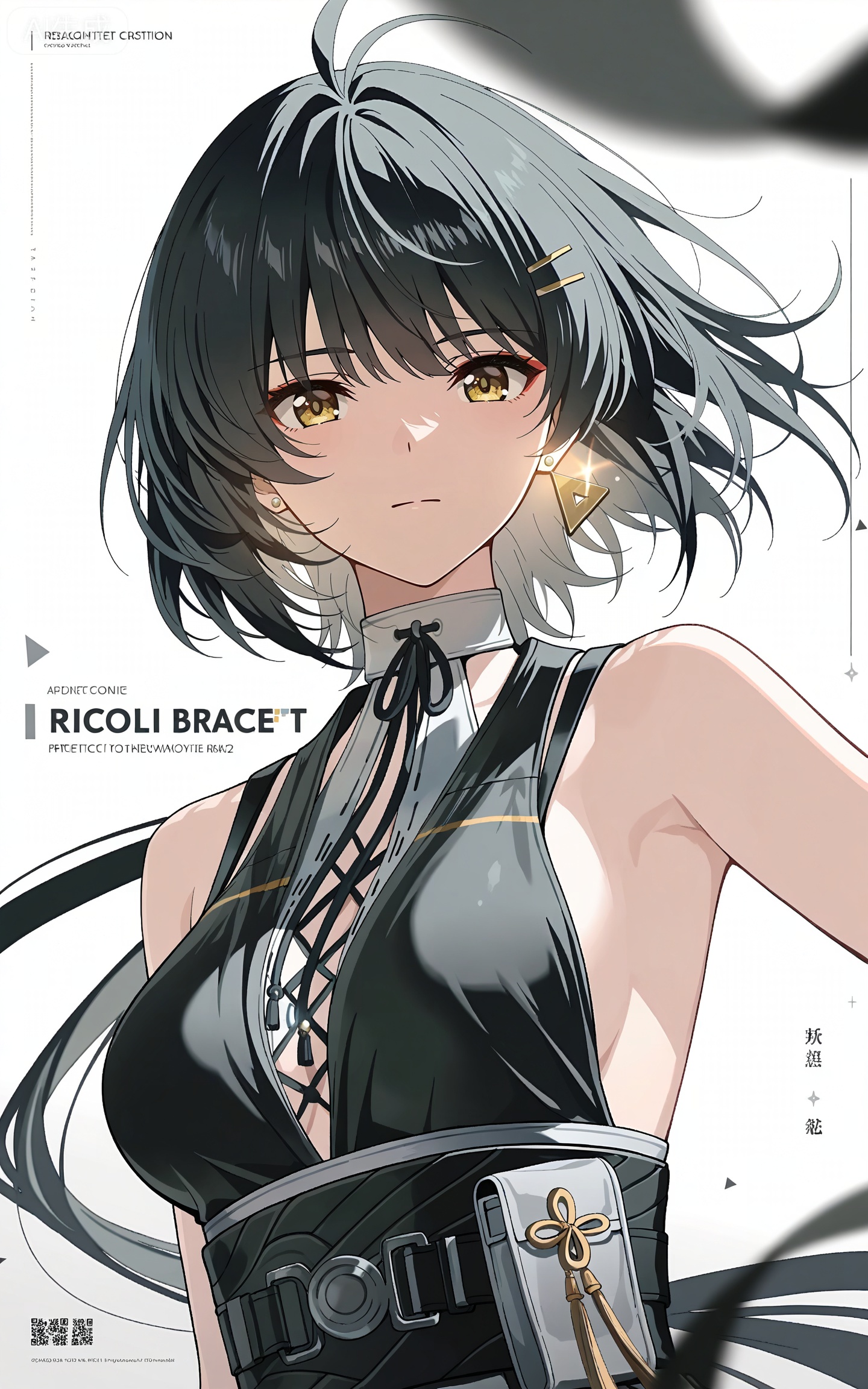 depth of field,masterpiece,best quality,very aesthetic,alternate costume,alternate costume,2024,2023,perfect composition,ultra-detailed,extreme aesthetic,masterpiece,best quality,good quality,newest,year 2024,year 2023,very aesthetic,absurdres,looking_at_viewer,colorful,
ahoge,black hair,long hair,low ponytail,very long hair,yellow eyes,apiao short black and grey dress,apiao hair clip,apiao sleeveless short dress,apiao backless dress,1girl,solo,hair ornament,breasts,looking at viewer,jewelry,earrings,bare shoulders,upper body,medium breasts,closed mouth,triangle earrings,white_background,cover,shadow,sunshine,english text,front view,dutch angle,dynamic_angle,