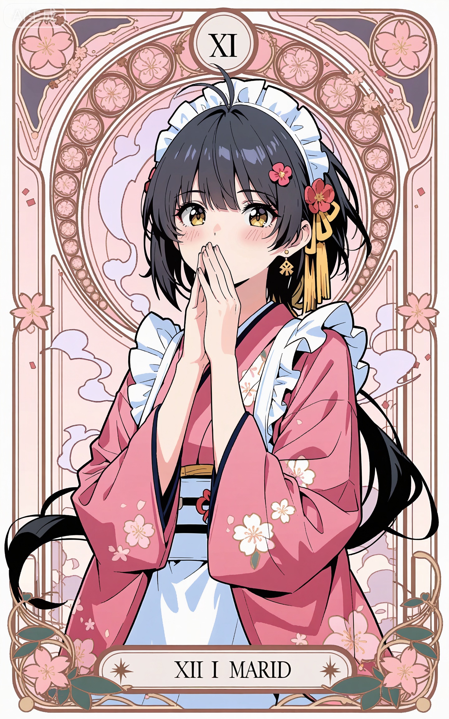 depth of field,masterpiece,best quality,very aesthetic,alternate costume,alternate costume,2024,2023,perfect composition,ultra-detailed,extreme aesthetic,masterpiece,best quality,good quality,newest,year 2024,year 2023,very aesthetic,absurdres,looking_at_viewer,colorful,
ahoge, black hair, long hair, low ponytail, very long hair, yellow eyes, art nouveau,traditional media,flower,xiamu,(tarot (medium):1.2),
1girl,solo,maid headdress,blush,kimono,maid,japanese clothes,apron,earrings,pink background,looking at viewer,jewelry,white apron,pink kimono,frills,floral print,maid apron,wa maid,covering own mouth,own hands together,smoke,wide sleeves,frilled apron,
