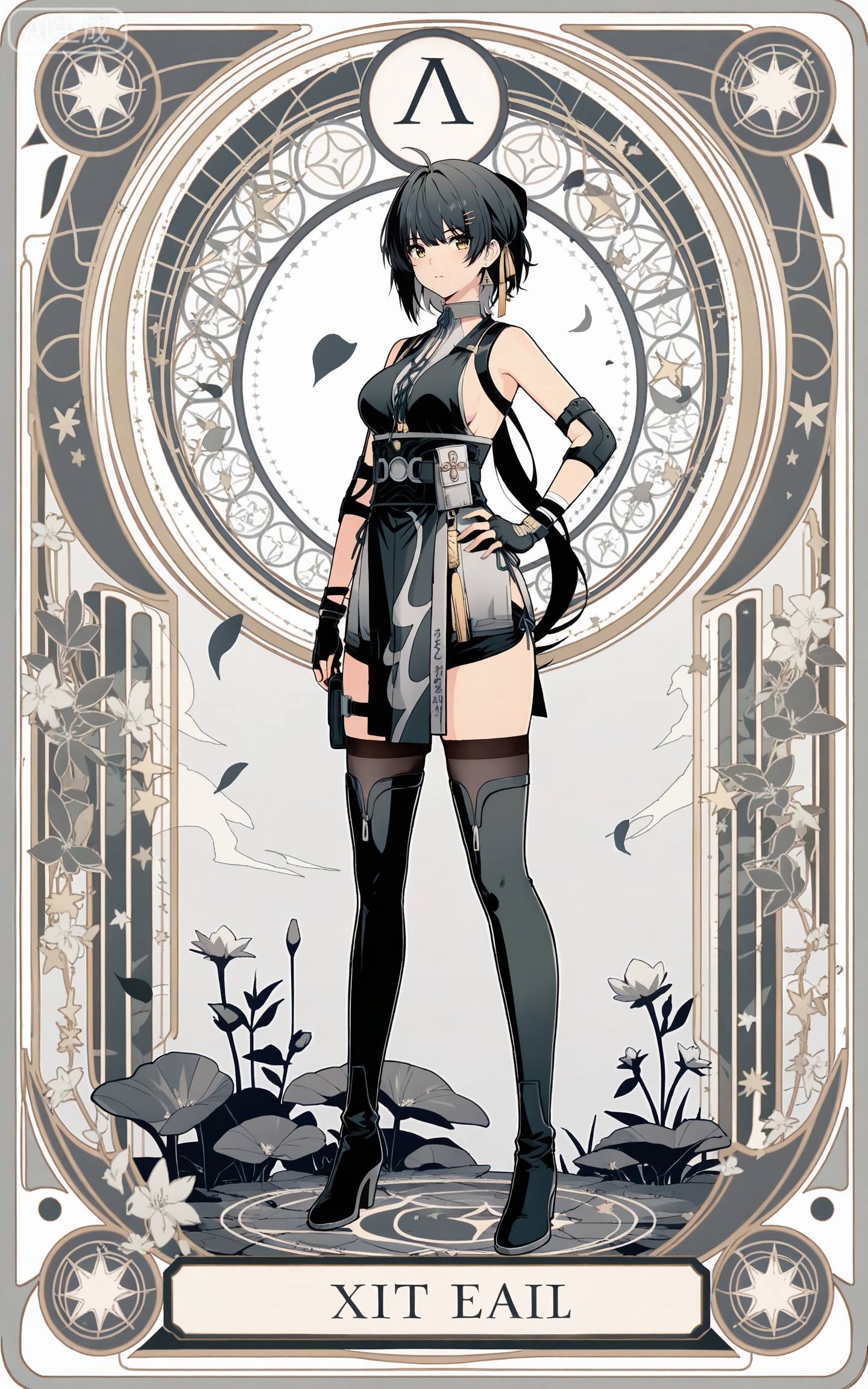 depth of field,masterpiece,best quality,very aesthetic,alternate costume,alternate costume,2024,2023,perfect composition,ultra-detailed,extreme aesthetic,masterpiece,best quality,good quality,newest,year 2024,year 2023,very aesthetic,absurdres,looking_at_viewer,colorful,
ahoge, black hair, long hair, low ponytail, very long hair, yellow eyes, apiao short black and grey dress, apiao black fingerless gloves, apiao black thighhighs, apiao blackt high heel boots, apiao hair clip, apiao sleeveless short dress, 1girl, solo, full body, looking at viewer, breasts, simple background, white background, medium breasts, standing, apiao thigh strap, triangle earrings,hand on hip,
art nouveau,traditional media,flower,xiamu,(tarot (medium):1.2),
