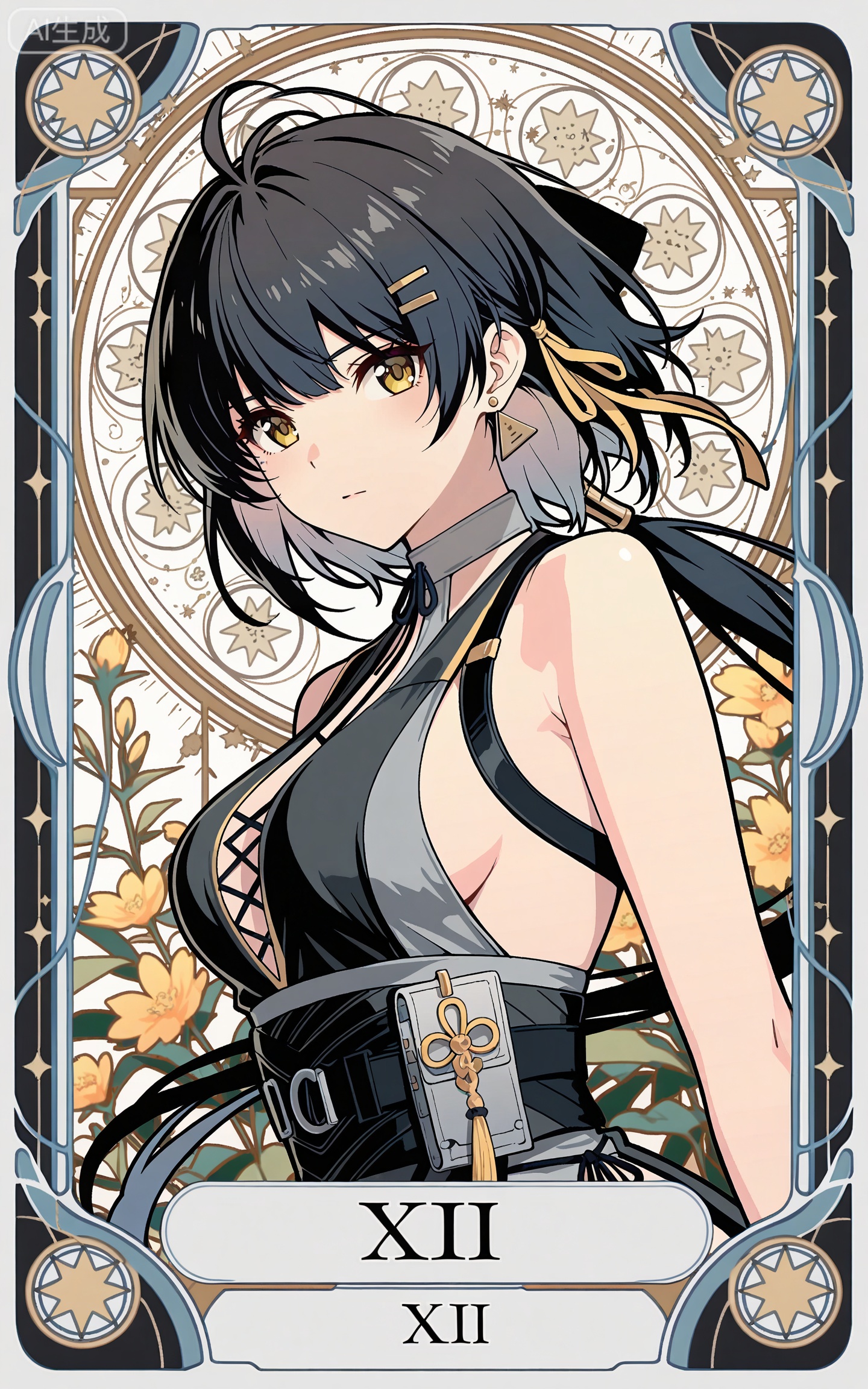 depth of field,masterpiece,best quality,very aesthetic,alternate costume,alternate costume,2024,2023,perfect composition,ultra-detailed,extreme aesthetic,masterpiece,best quality,good quality,newest,year 2024,year 2023,very aesthetic,absurdres,looking_at_viewer,colorful,
ahoge,black hair,long hair,low ponytail,very long hair,yellow eyes,apiao short black and grey dress,apiao hair clip,apiao sleeveless short dress,apiao backless dress,1girl,solo,hair ornament,breasts,looking at viewer,jewelry,earrings,bare shoulders,upper body,medium breasts,closed mouth,triangle earrings,white_background,cover,shadow,sunshine,english text,front view,dutch angle,dynamic_angle,
art nouveau,traditional media,flower,xiamu,(tarot (medium):1.2),
