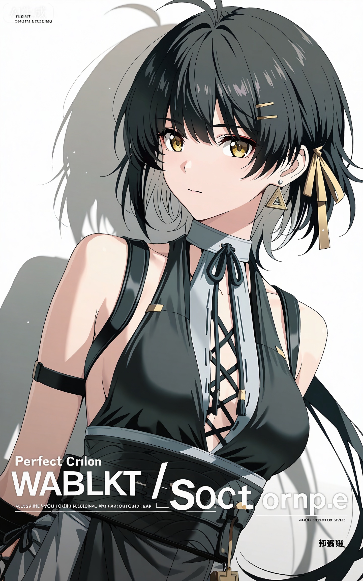 depth of field,masterpiece,best quality,very aesthetic,alternate costume,alternate costume,2024,2023,perfect composition,ultra-detailed,extreme aesthetic,masterpiece,best quality,good quality,newest,year 2024,year 2023,very aesthetic,absurdres,looking_at_viewer,colorful,
ahoge,black hair,long hair,low ponytail,very long hair,yellow eyes,apiao short black and grey dress,apiao hair clip,apiao sleeveless short dress,apiao backless dress,1girl,solo,hair ornament,breasts,looking at viewer,jewelry,earrings,bare shoulders,upper body,medium breasts,closed mouth,triangle earrings,white_background,cover,shadow,sunshine,english text,front view,dutch angle,dynamic_angle,