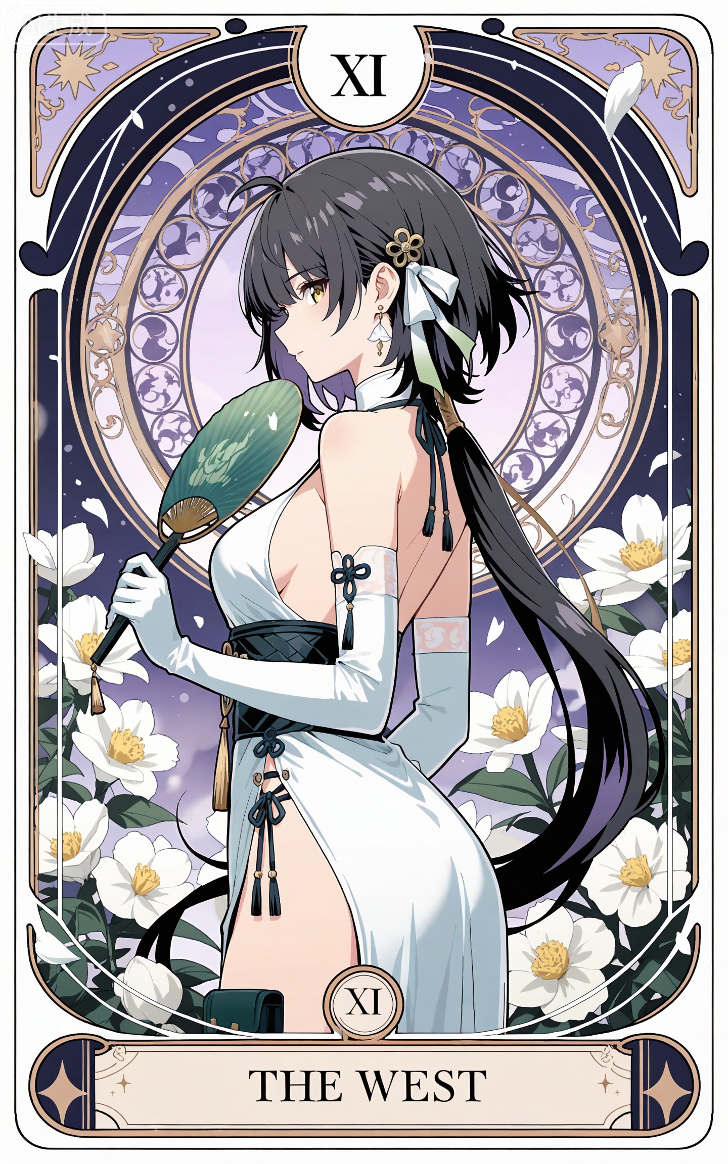 depth of field,masterpiece,best quality,very aesthetic,alternate costume,alternate costume,2024,2023,perfect composition,ultra-detailed,extreme aesthetic,masterpiece,best quality,good quality,newest,year 2024,year 2023,very aesthetic,absurdres,looking_at_viewer,colorful,
ahoge, black hair, long hair, low ponytail, very long hair, yellow eyes, art nouveau,traditional media,flower,xiamu,(tarot (medium):1.2),
1girl,Side profile character,solo,the West_dress,elbow_gloves,white dress,(halter_dress:1.1),(Green fan:1.3),solo,jewelry,ribbon,looking at viewer,hair ornament,breasts,holding_fan,petals,earrings,closed mouth,tress ribbon,many white flower,Her eyes gleamed with a purple light,chinese clothes,
