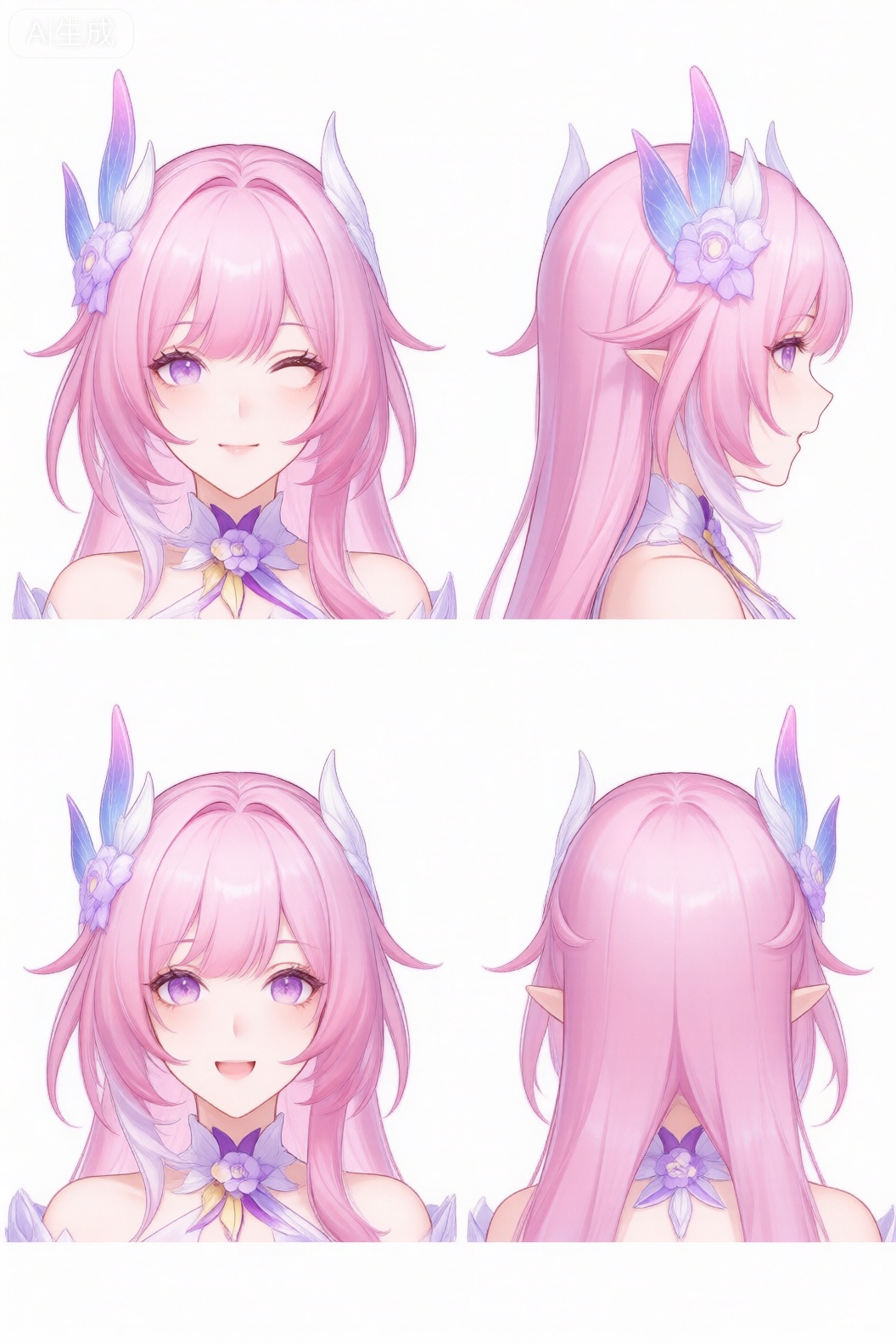 这是一张精美的动画风格人物图像,描绘了一个女角色。她的头发是长达肩膀的淡紫色,带有轻微的波浪形状。她的眼睛是同色紫色的,带有细致的眼线和睫毛。她的脸上有一个温和的笑容,嘴唇轻微弯曲。

她头上有两个蓝紫色的翅膀形状装饰,配上一个同色花朵,装饰在她的左侧头发上。她的耳朵是长而尖的,类似于精灵的特征。

在图像中,她有四个不同的头部角度：前面笑着的头像、侧面头像、面对镜头的头像、以及背面头像。她的衣服是高级的,带有花朵和翅膀形状装饰,色彩与她的头发和眼睛相配。她的肩膀和颈部都有花朵形状装饰,给人一种美丽和精致的感觉。

总体来说,这个图像通过其细致的线条、精致的颜色和形状,展现了动画风格的高水平,尤其是对人物形象和装饰的详细处理。