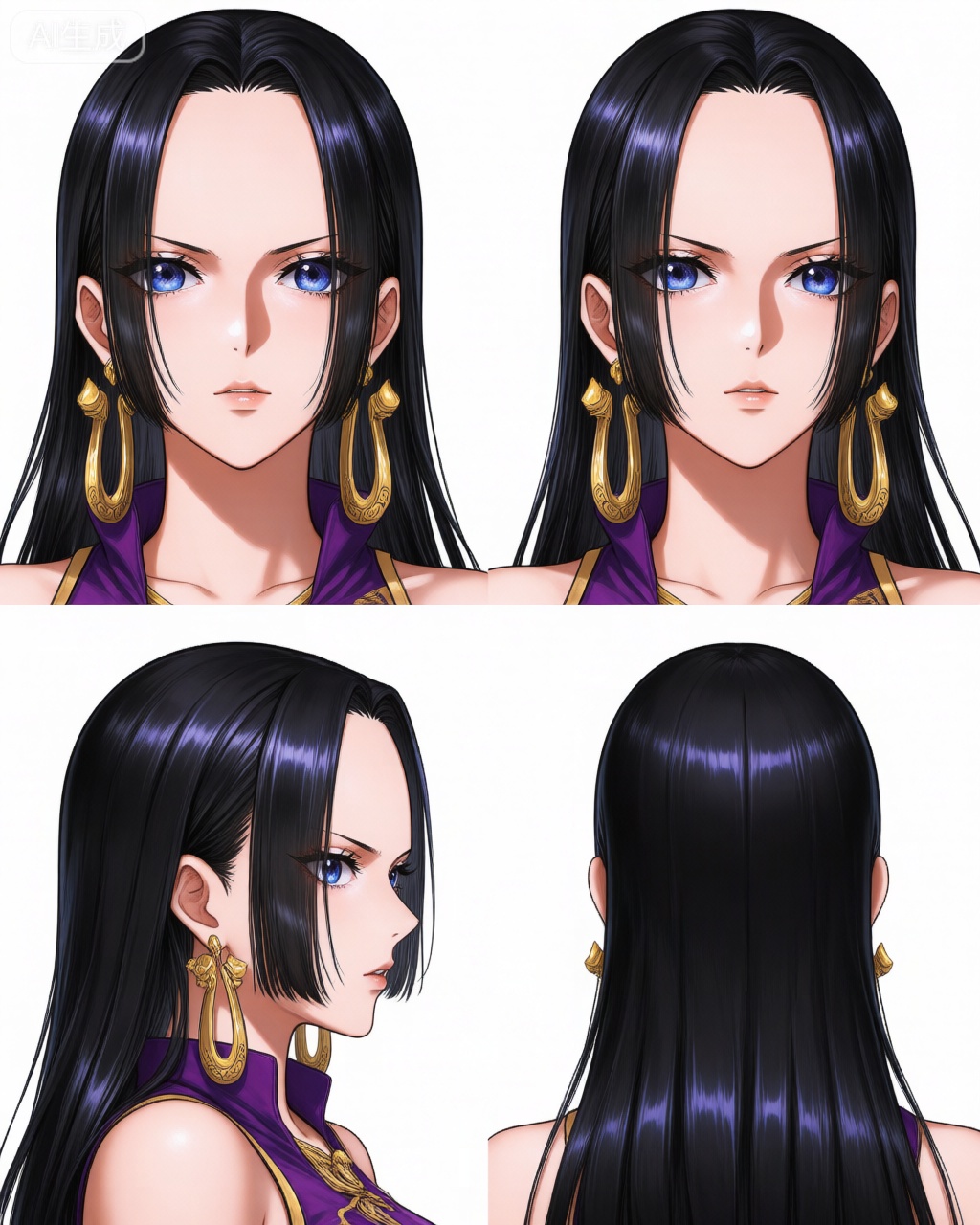 这是一幅精确的动画风格的人物四个视角图,描绘了一位有着黑色长直发、蓝色眼眸的女性。她的发型在前三个视角上显示为平整且光滑,后视角则显示发尾更长。她的眼神在前两个视角上表现出严肃和冷漠,第三个视角则转为侧面,眼神保持冷漠。她的耳饰是金色的双圆形耳钉,非常醒目。她的衣着是紫色高领衬衫,带有金色纹饰,显示出一种古代或传统风格。她的皮肤是白皙的,脸庞是平坦的,鼻子是小而直的。她的唇色是自然的,表情保持冷漠。整个图像的风格是清晰、精确的,具有动画的特点,尤其是在耳饰和纹饰的描绘上。这个人物的设计可能是来自某种动画或游戏中的角色,表现出一种强烈的古代风格。